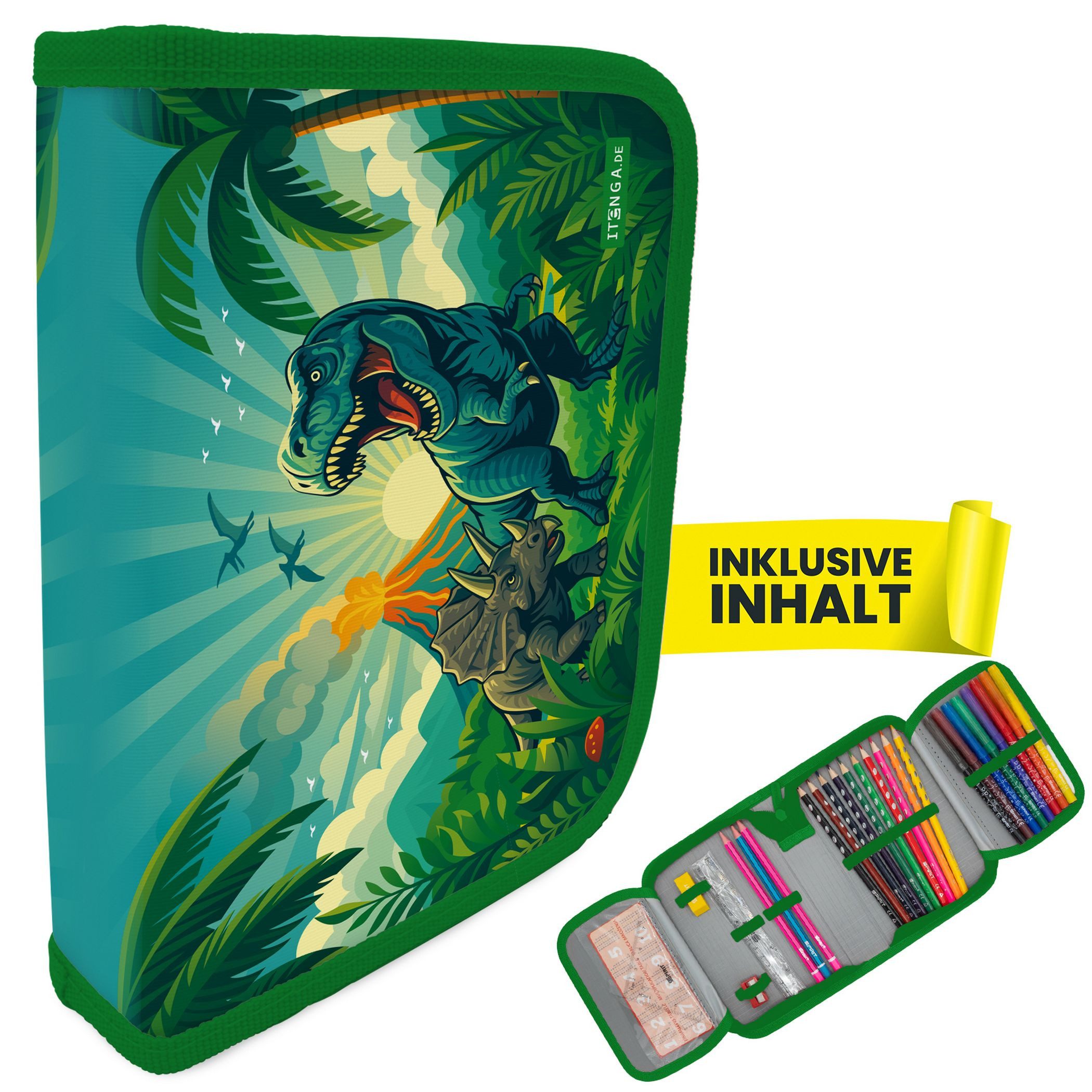 itenga Federmäppchen itenga Schüler-Etui Mäppchen Dinosaurier Dino World 28 teilig (gefüllt