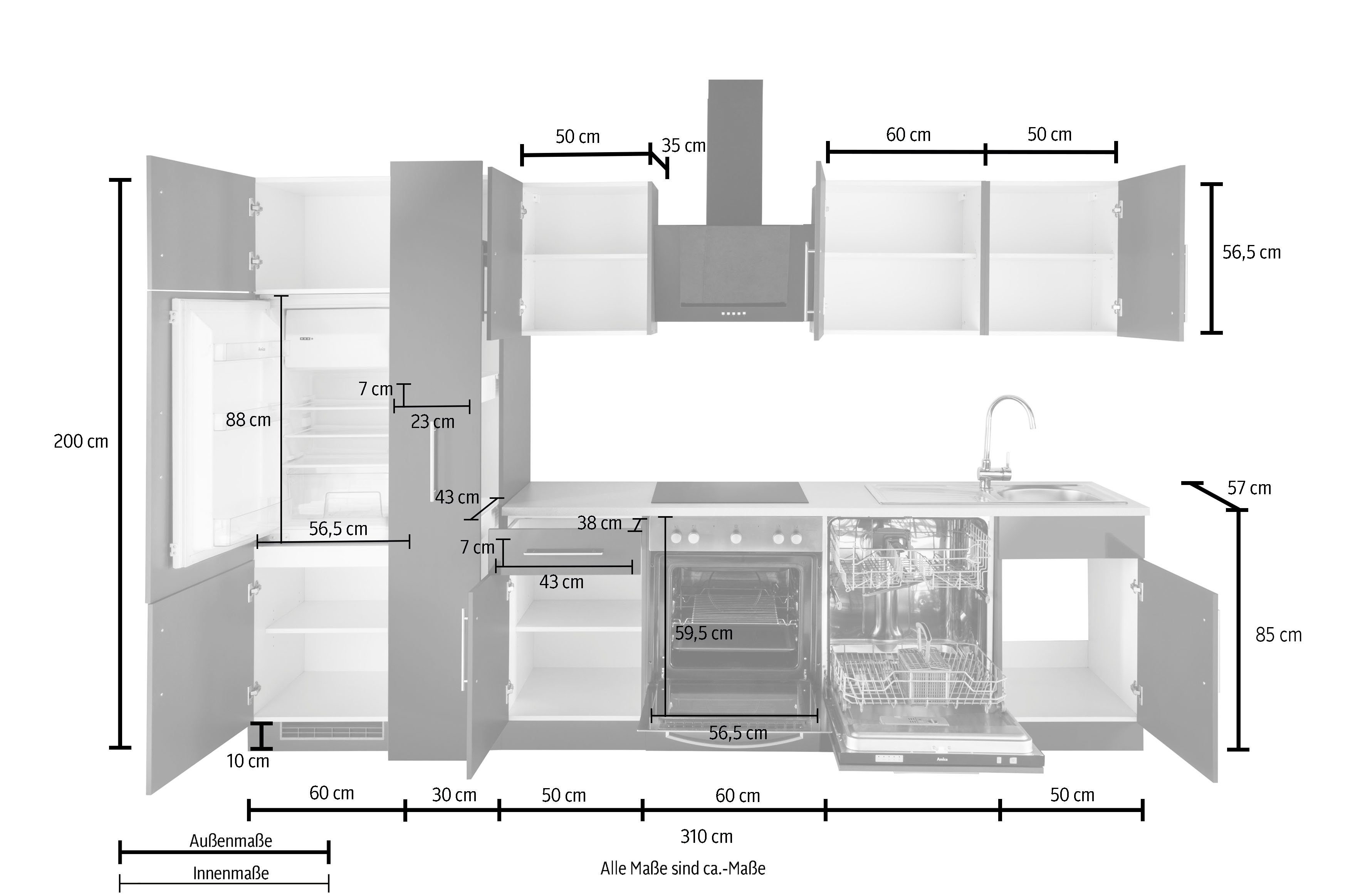 wiho Küchen Korpus: Weiß | mit E-Geräten, 310 Arbeitsplatte: Granit Küchenzeile Glanz, weiß Weiß, Front: Breite Grau matt Cali, cm