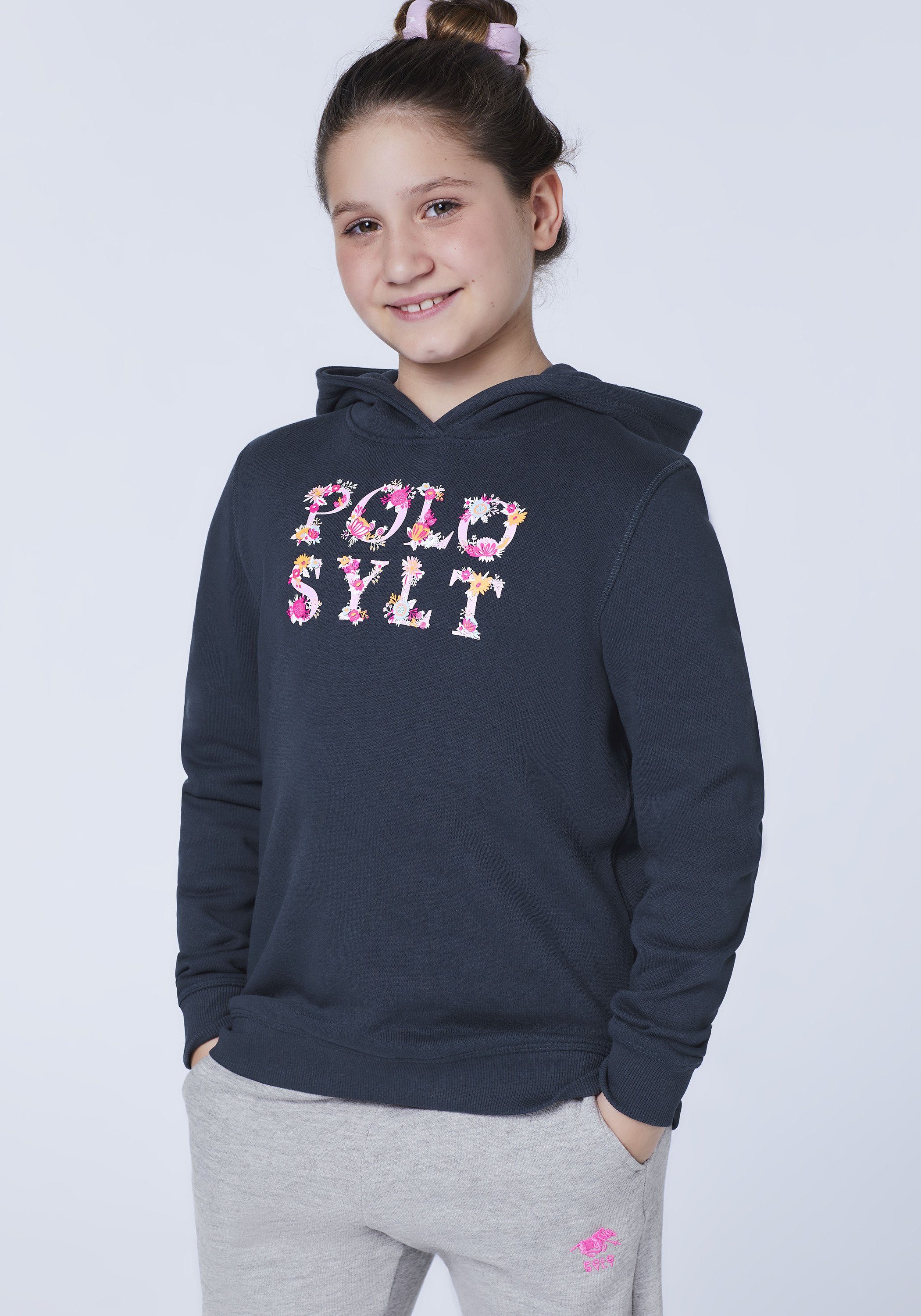 Sylt floralem Polo Total Sweatshirt Eclipse 19-4010 mit Logodesign