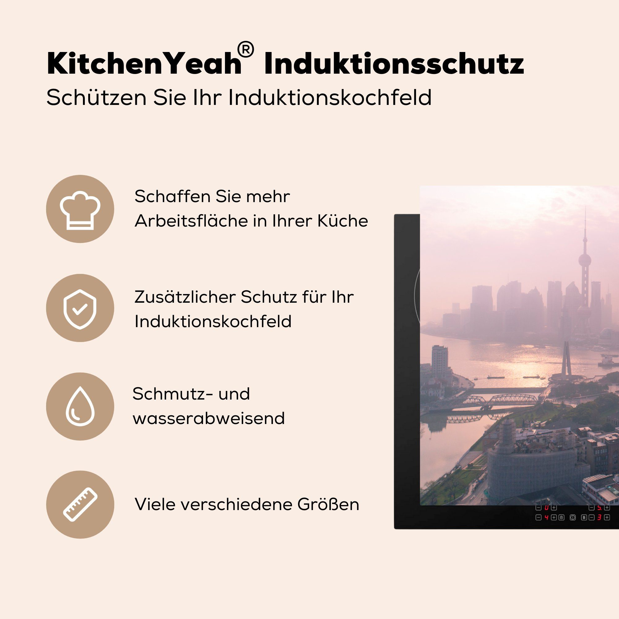 MuchoWow Herdblende-/Abdeckplatte Der Sonnenaufgang über cm, küche Bund für und Shanghai 83x51 (1 China, Arbeitsplatte Ceranfeldabdeckung, Vinyl, dem tlg), in