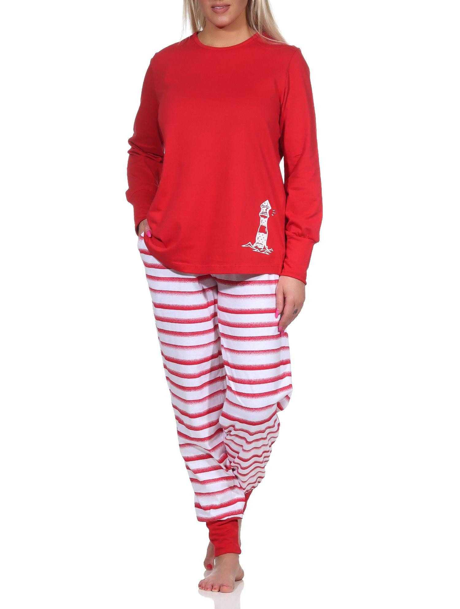 Normann Pyjama Maritimer Damen Schlafanzug mit Bündchen, Top mit Leuchturm Motiv