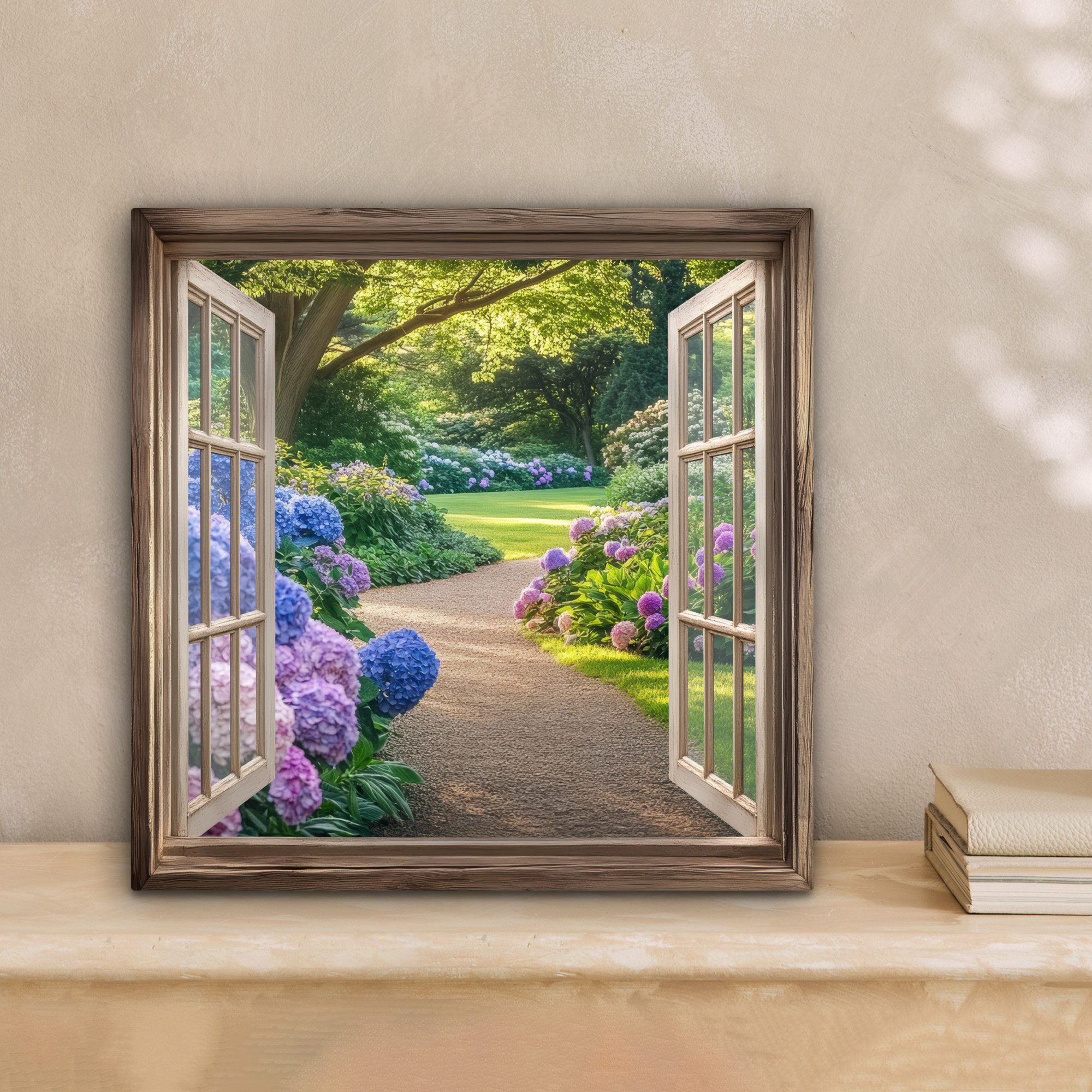 OneMillionCanvasses® Leinwandbild Aussicht - Garten - Fenster - Hortensie - günstig online kaufen