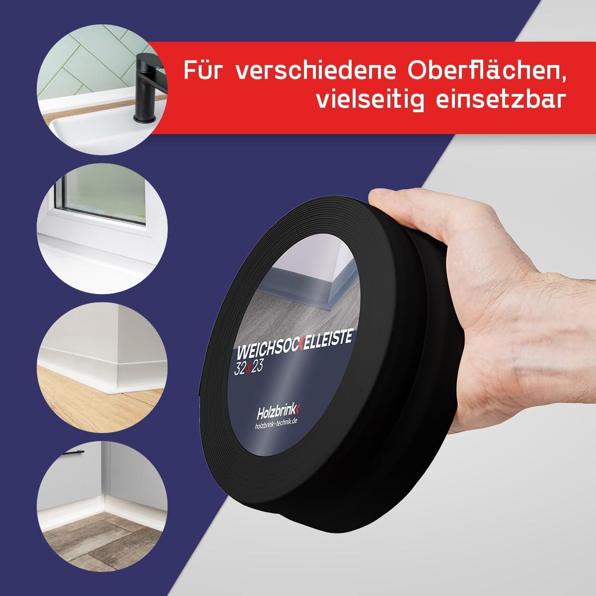 HOLZBRINK Sockelleiste HOLZBRINK selbstklebend PVC 32x23mm, 1 m, L: 100 cm, 1m Rolle, Küchenleiste Abschlussleiste für Badezimmer Farbe: Schwarz – Bild 4 von 5
