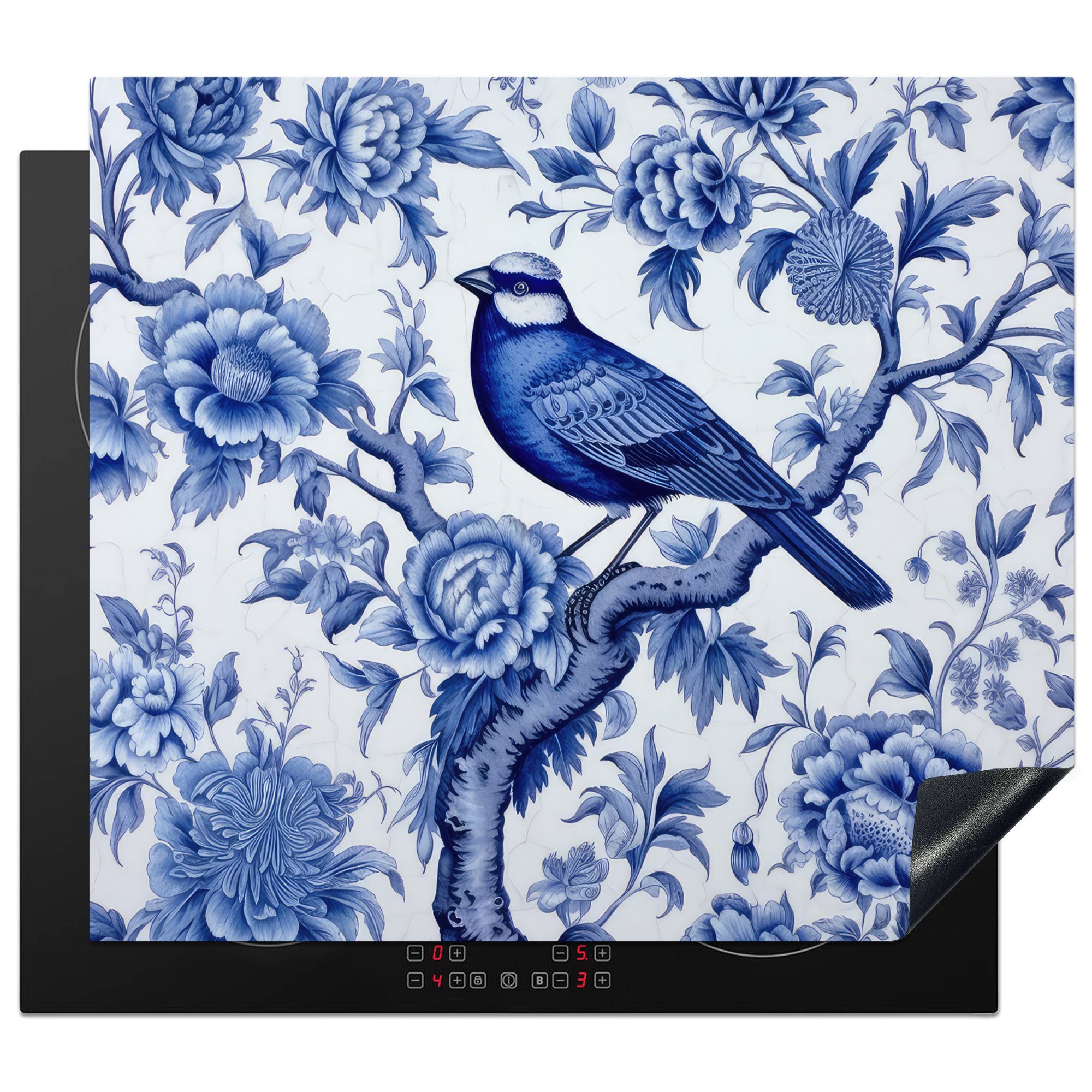 MuchoWow Herdblende-/Abdeckplatte Vogel nutzbar, cm, Arbeitsfläche - tlg), Vinyl, - Mobile Blau 60x52 - Blumen Ceranfeldabdeckung Kunst (1 Delfter - Niederländisch