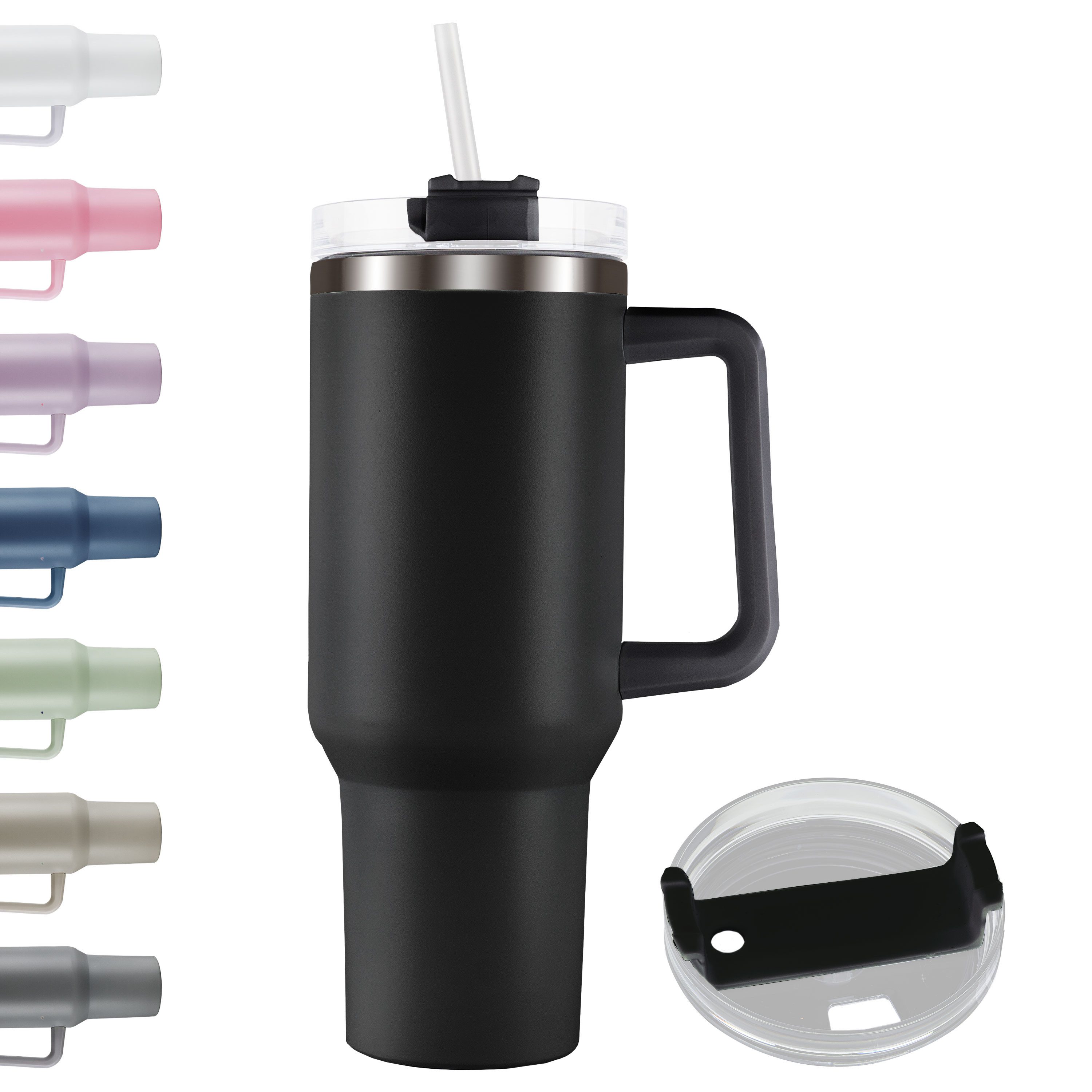 Roomando Thermobecher Becher mit Henkel Strohhalm Edelstahl Autobecher Kaffeebecher schwarz