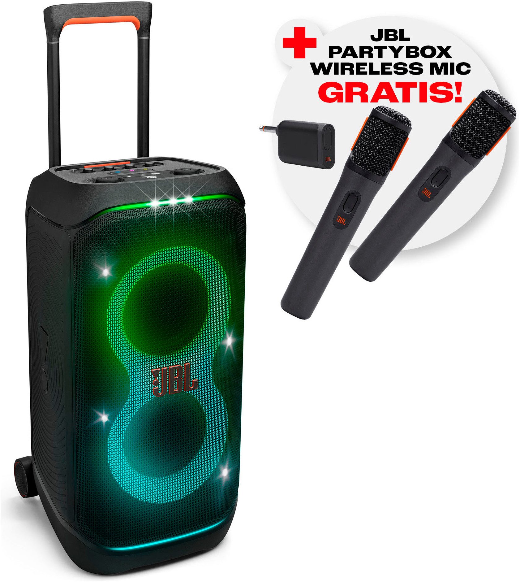 JBL Set: PartyBox Stage 320 + Gratis-Mikrofon-Set (UVP 129,99) Party-Lautsprecher (Bluetooth, 240 W)