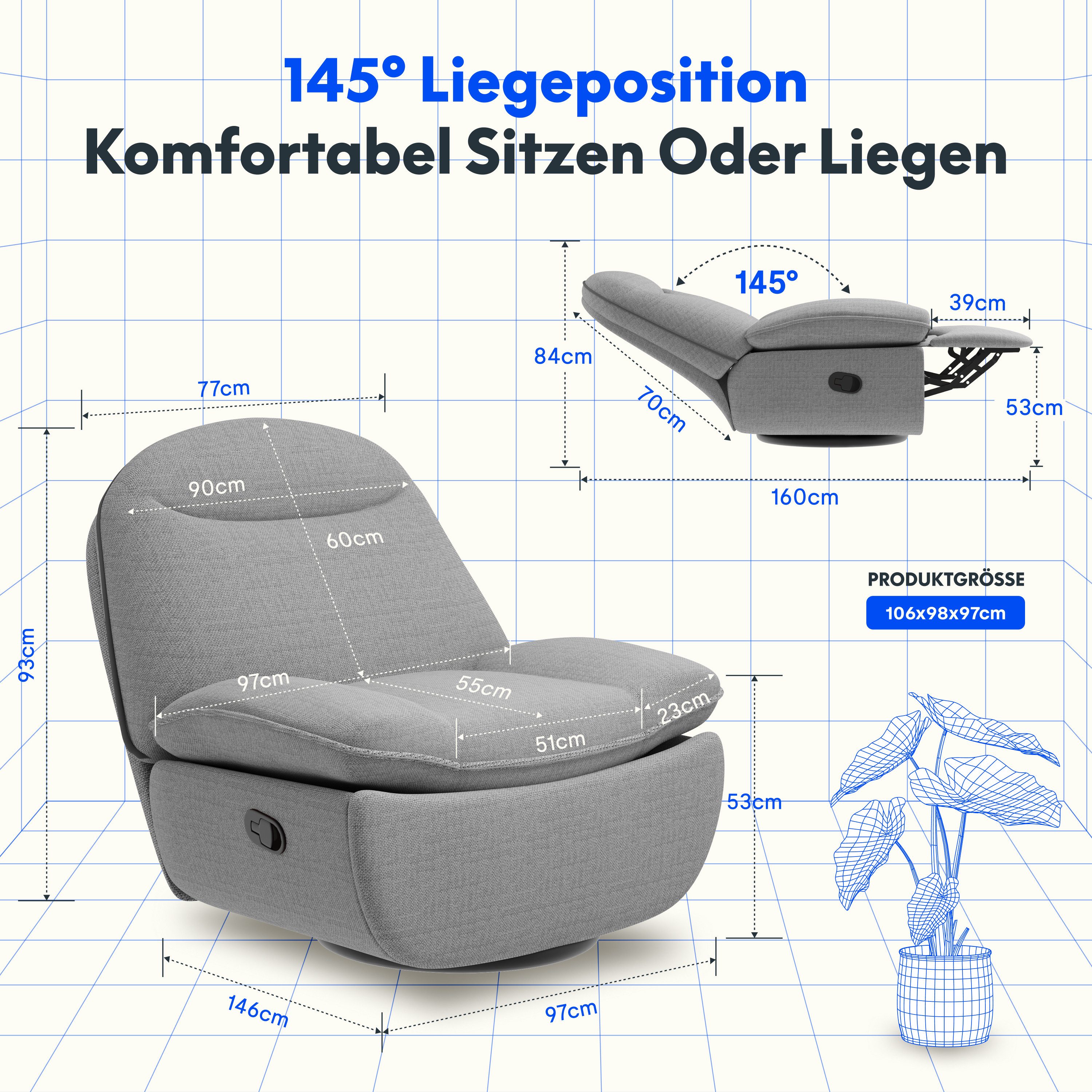 FLEXISPOT Sessel Schaukelsessel gemütlicher TV-Sessel, Relaxsessel (Versteckter Stauraum, 105° - 145° verstellbar, Drehsessel mit Rocking, Ruhesessel für Senioren & Stillenden), 159 KG belastbar, Inkl. Dicke Sofadecke (1,5 x 1,5 m)