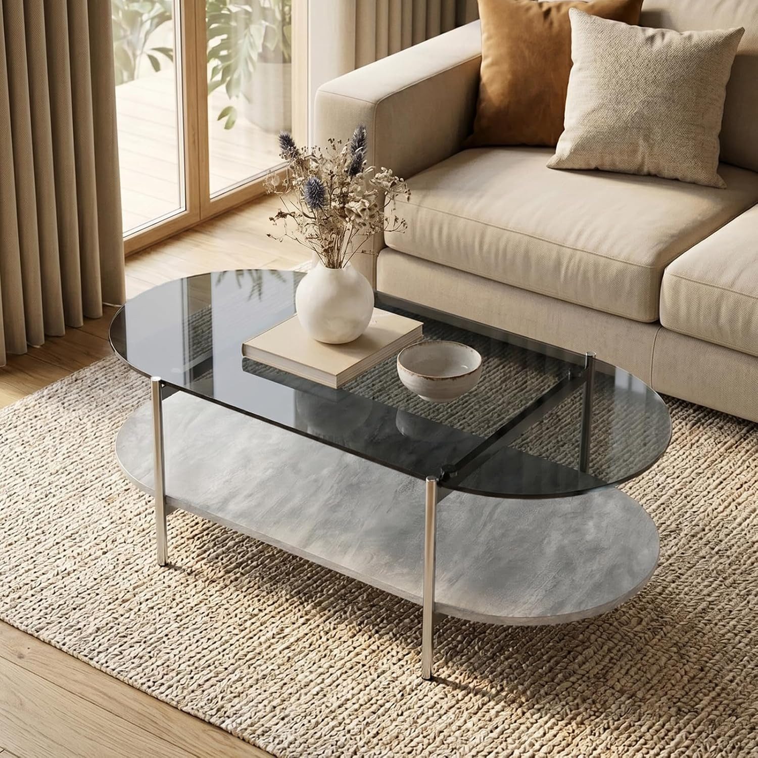 Jiexi Couchtisch Couchtisch oval Glas Grauglas Wohnzimmertisch 2 Ebenen Silber