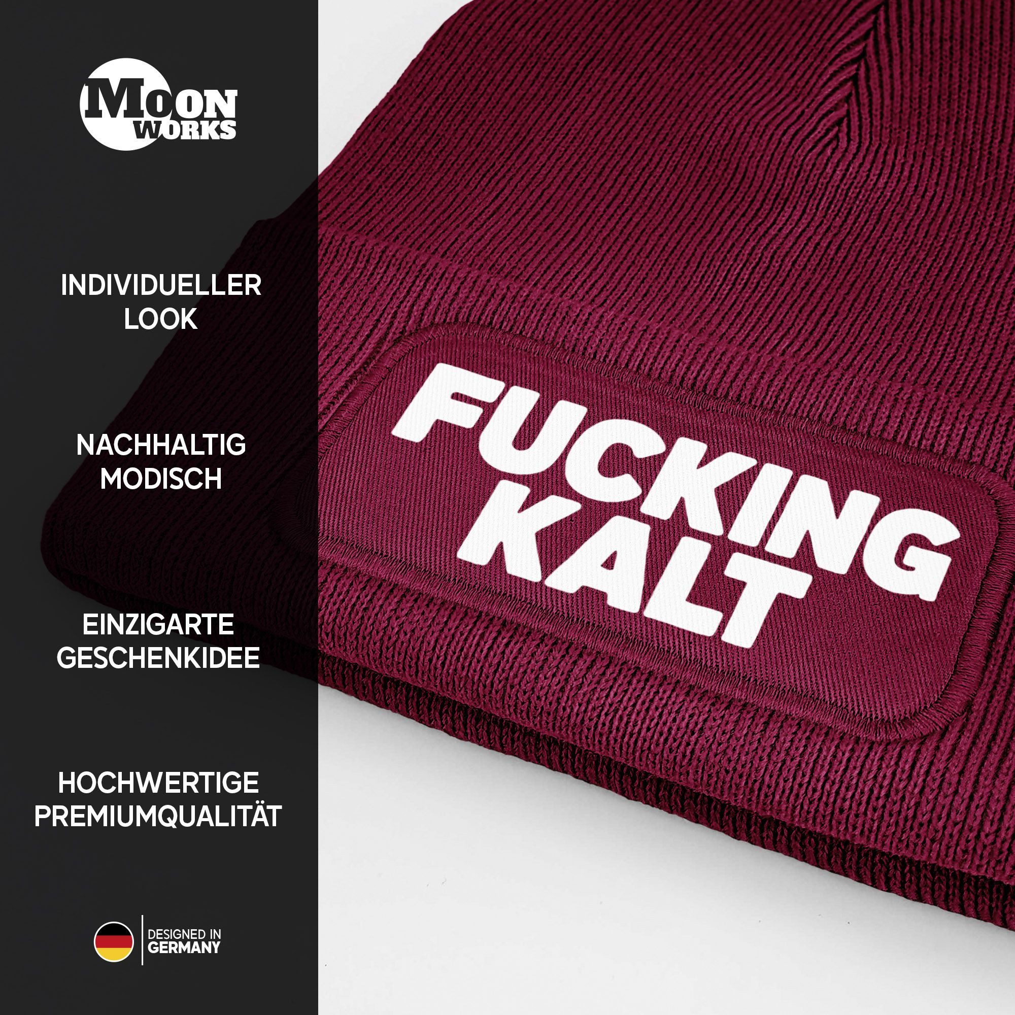 MoonWorks Strickmütze Damen Beanie mit Patch Strickmütze mit Spruch Kalt Wintermütze