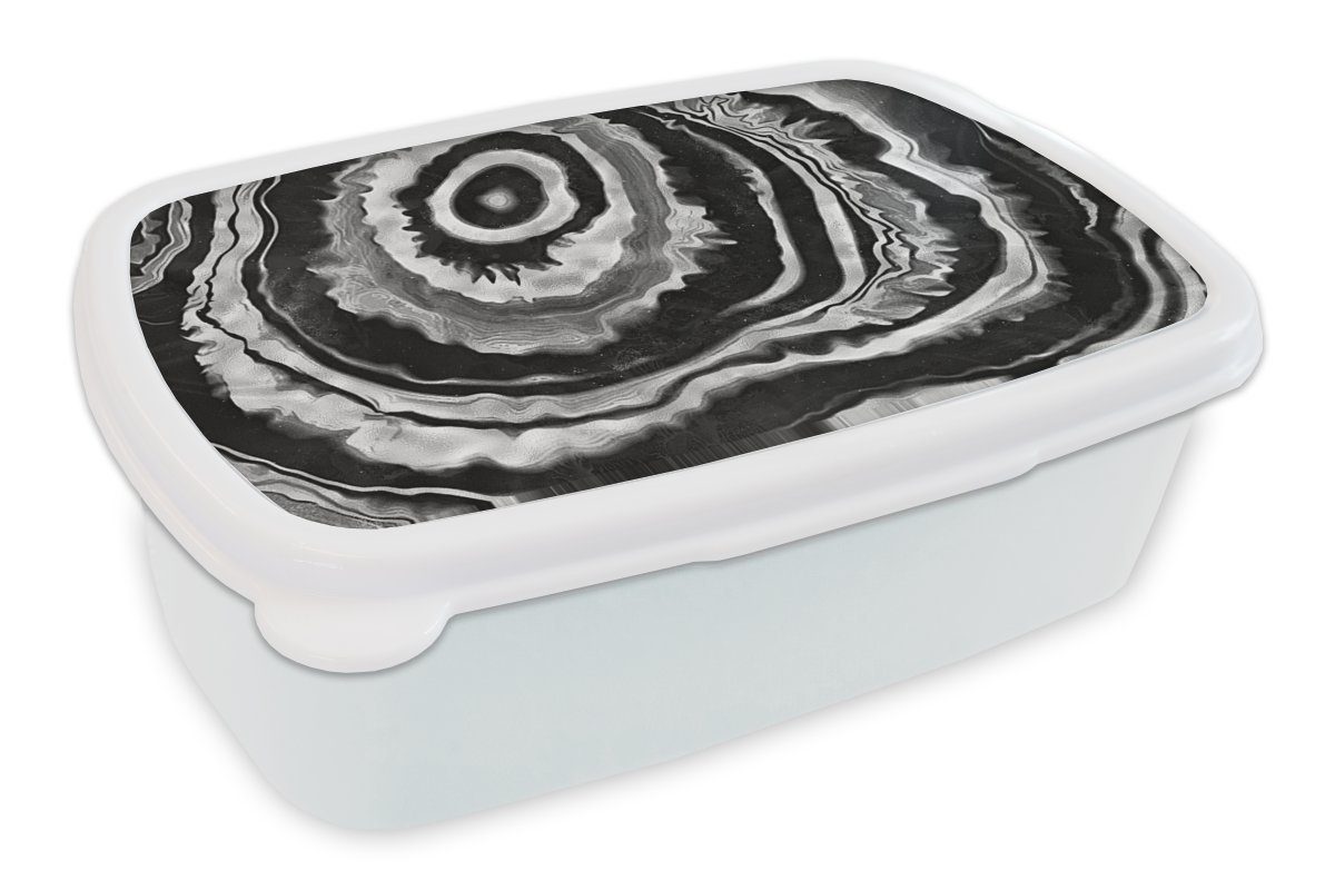 MuchoWow Lunchbox Marmor - Schwarz - Kreis, Kunststoff, (2-tlg), Brotbox für Kinder und Erwachsene, Brotdose, für Jungs und Mädchen weiß