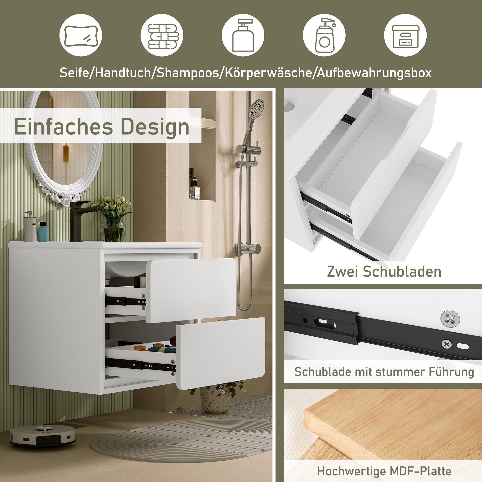 Flieks vanity unit with LED radar sensor including washbasin (wall-mounted, bathroom cabinet fully lacquered, 1-piece, W60/D46/H50 cm), bathroom furniture washbasin area with 2 drawers and LED lighting white