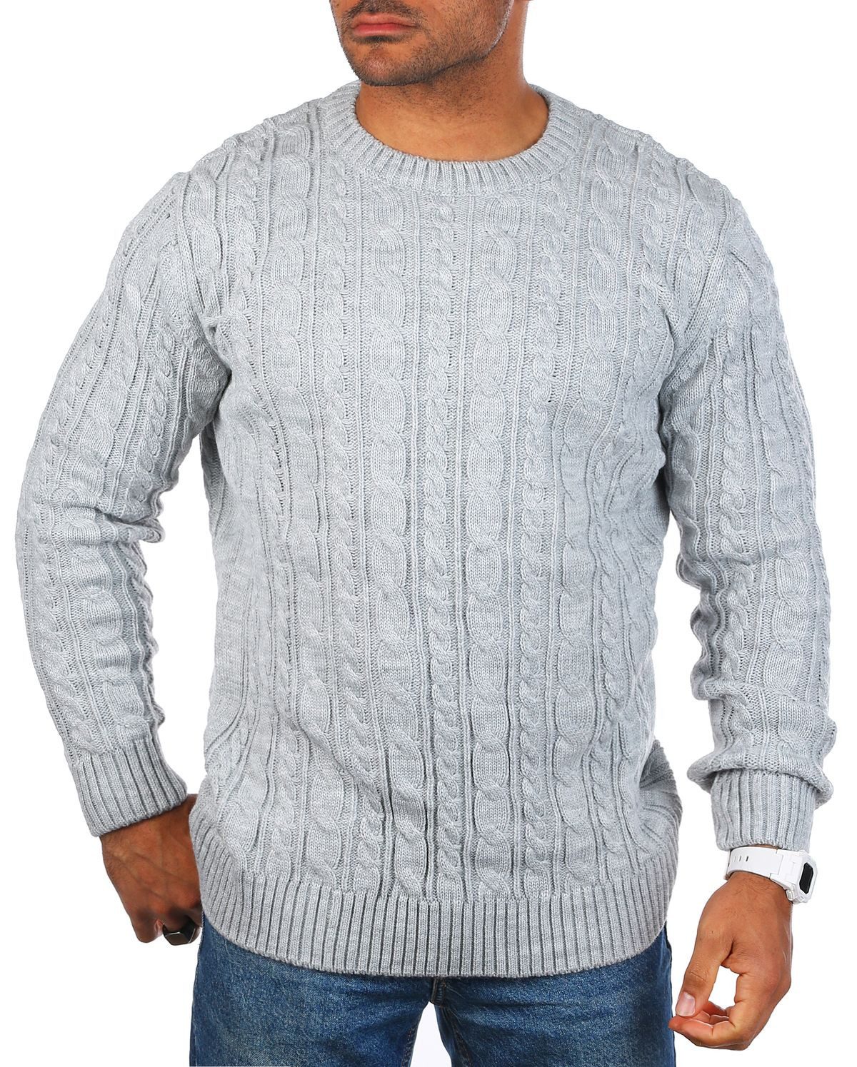 CARISMA Strickpullover Herren mit Zopf Cable Strickmuster Uni Rundhals retro klassisch 7880