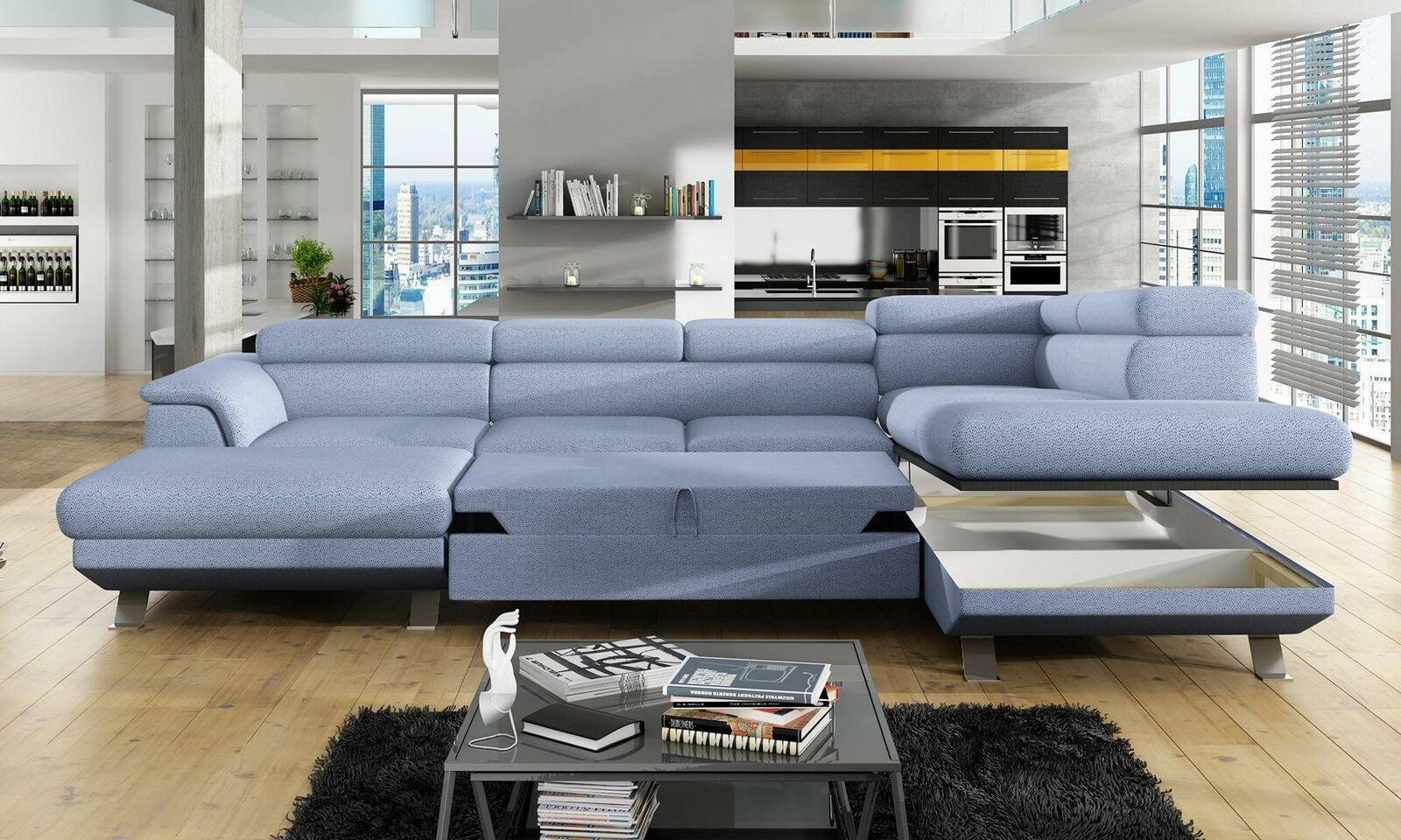 JVmoebel Ecksofa, Ecksofa U-Form Sofa Wohnlandschaft Garnitur Polster Bettfunktion Blau