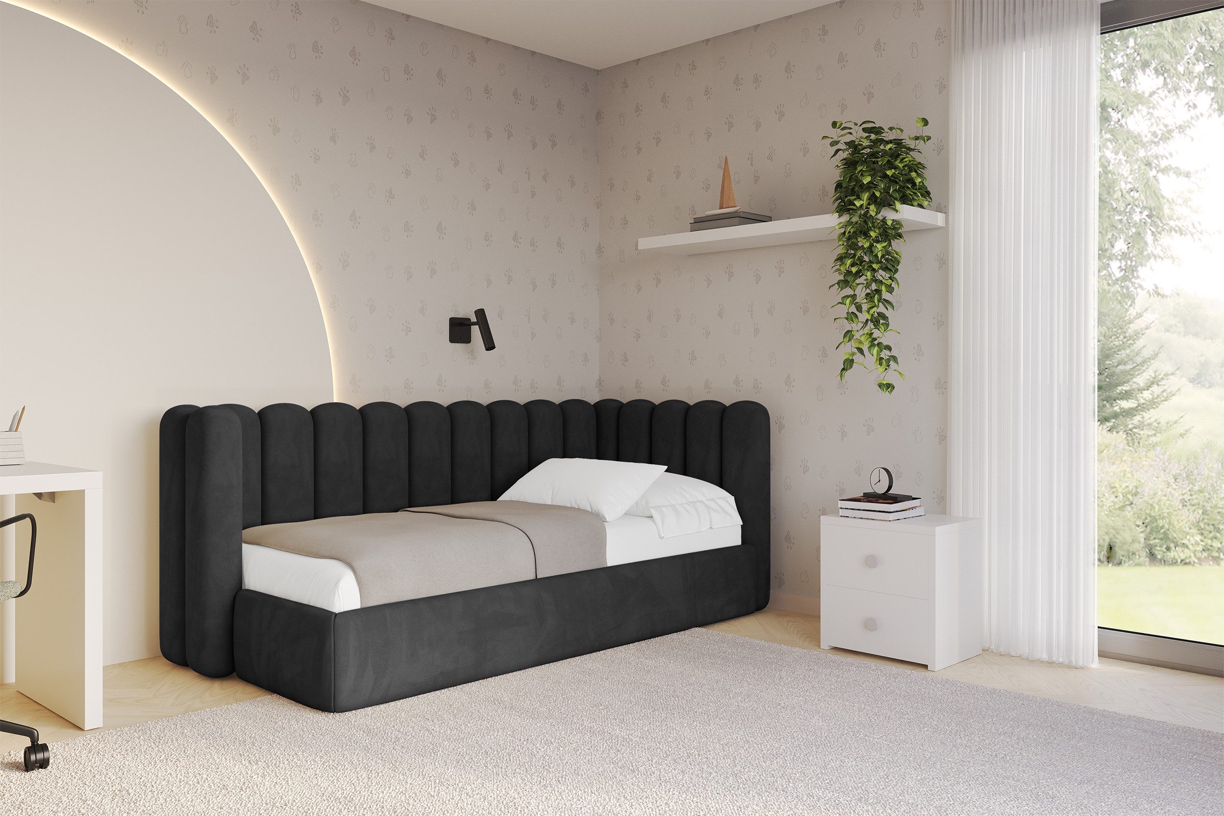 ALTDECOR Jugendbett HUGY (Jugendbett mit Bettkasten und Lattenrost, Polsterbett mit Matratze), Einzelbett mit Stauraum, Bett mit Kopfteil