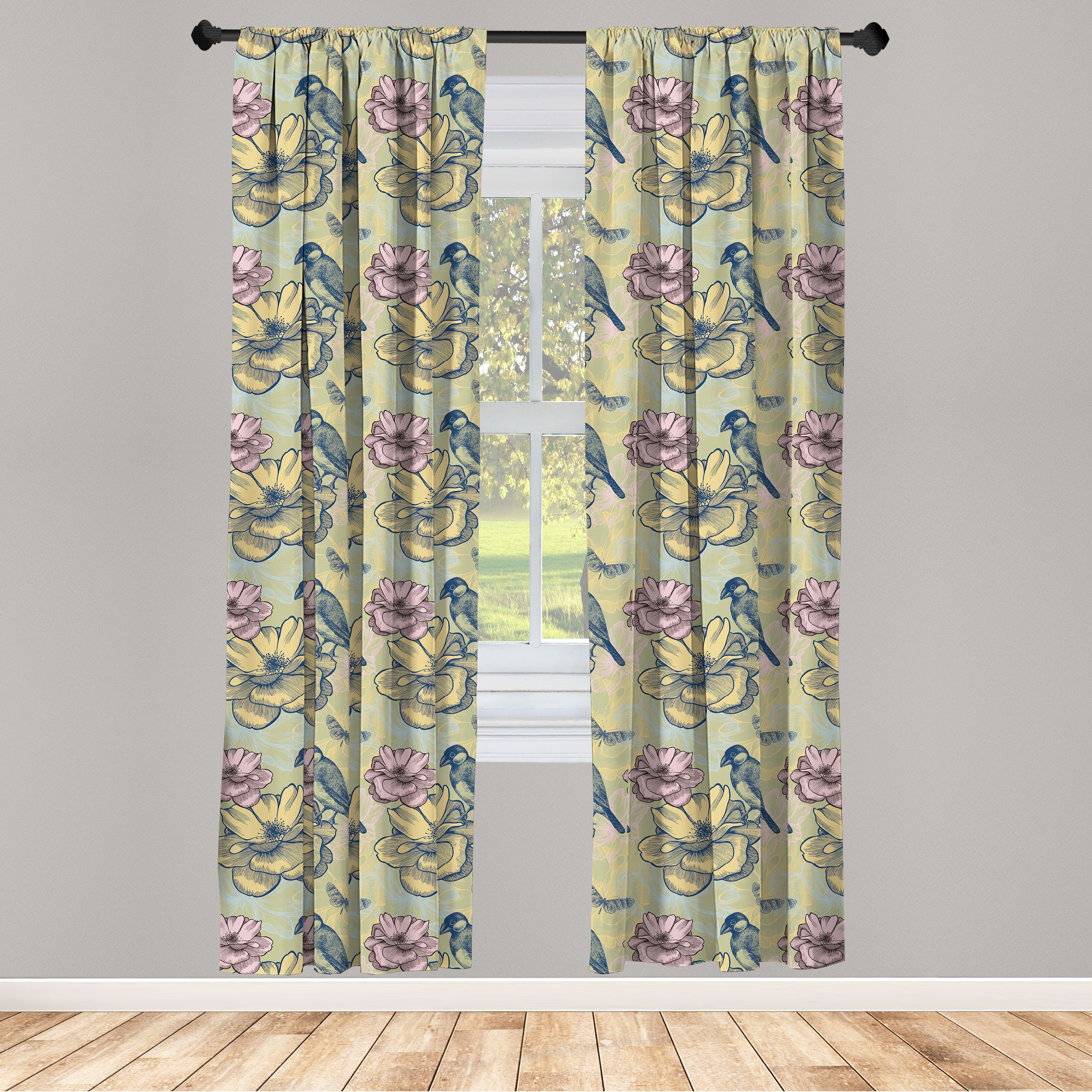 Gardine Vorhang für Wohnzimmer Schlafzimmer Microfaser, Dekor, Frühling Abakuhaus, Vogel-Schmetterlings-Blumen