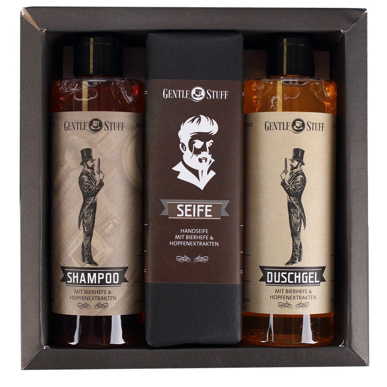 Herz & Heim Pflege-Geschenkset Gentleman Design - Geschenk für Männer mit Duschgel, Shampoo & Seife in Geschenkverpackung, mit Bierhefe und Hopfenextrakten