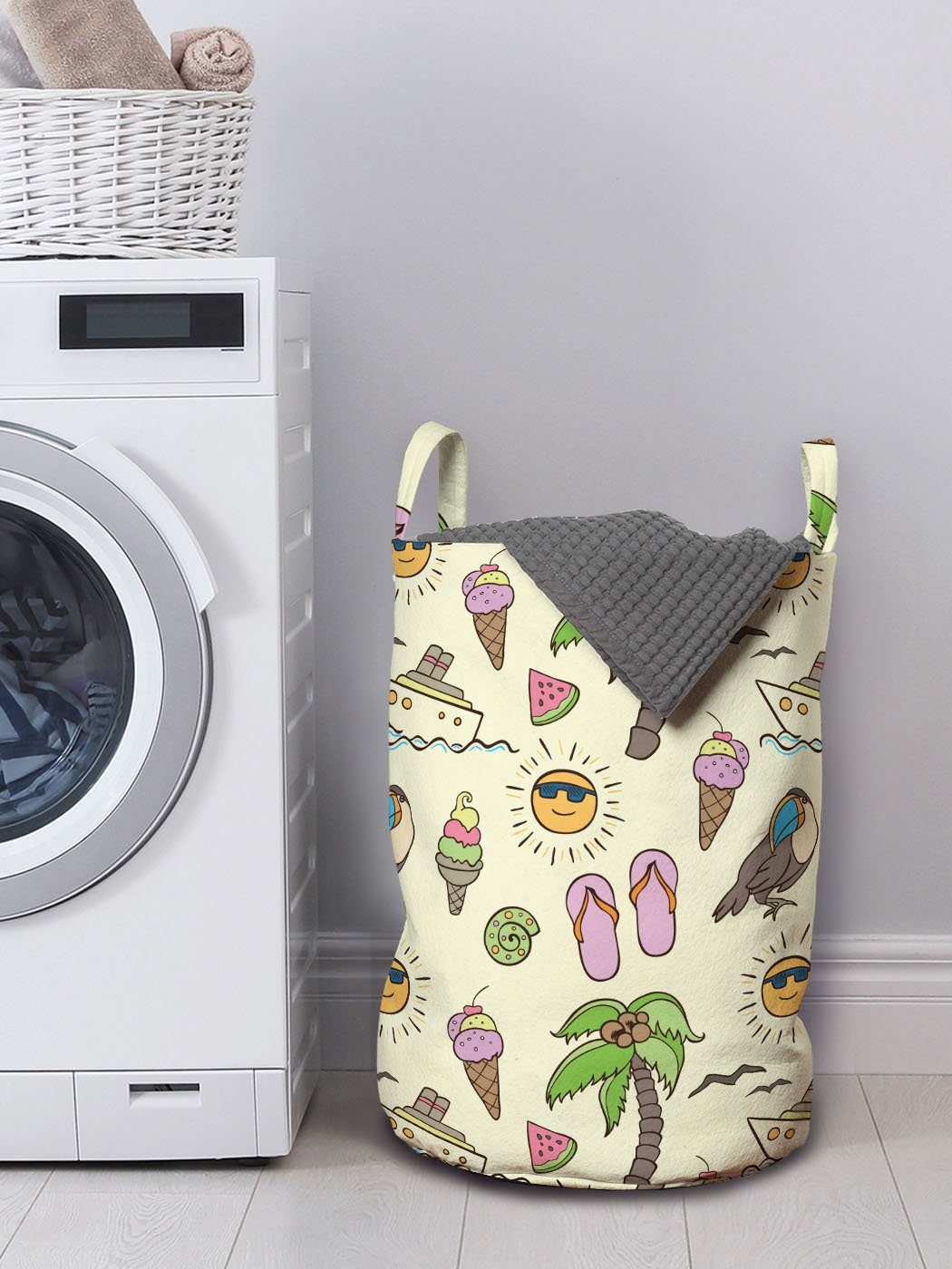 Abakuhaus Wäschesäckchen Wäschekorb mit Toucan Kordelzugverschluss Griffen für Waschsalons, Cream Flip Flops und Ice
