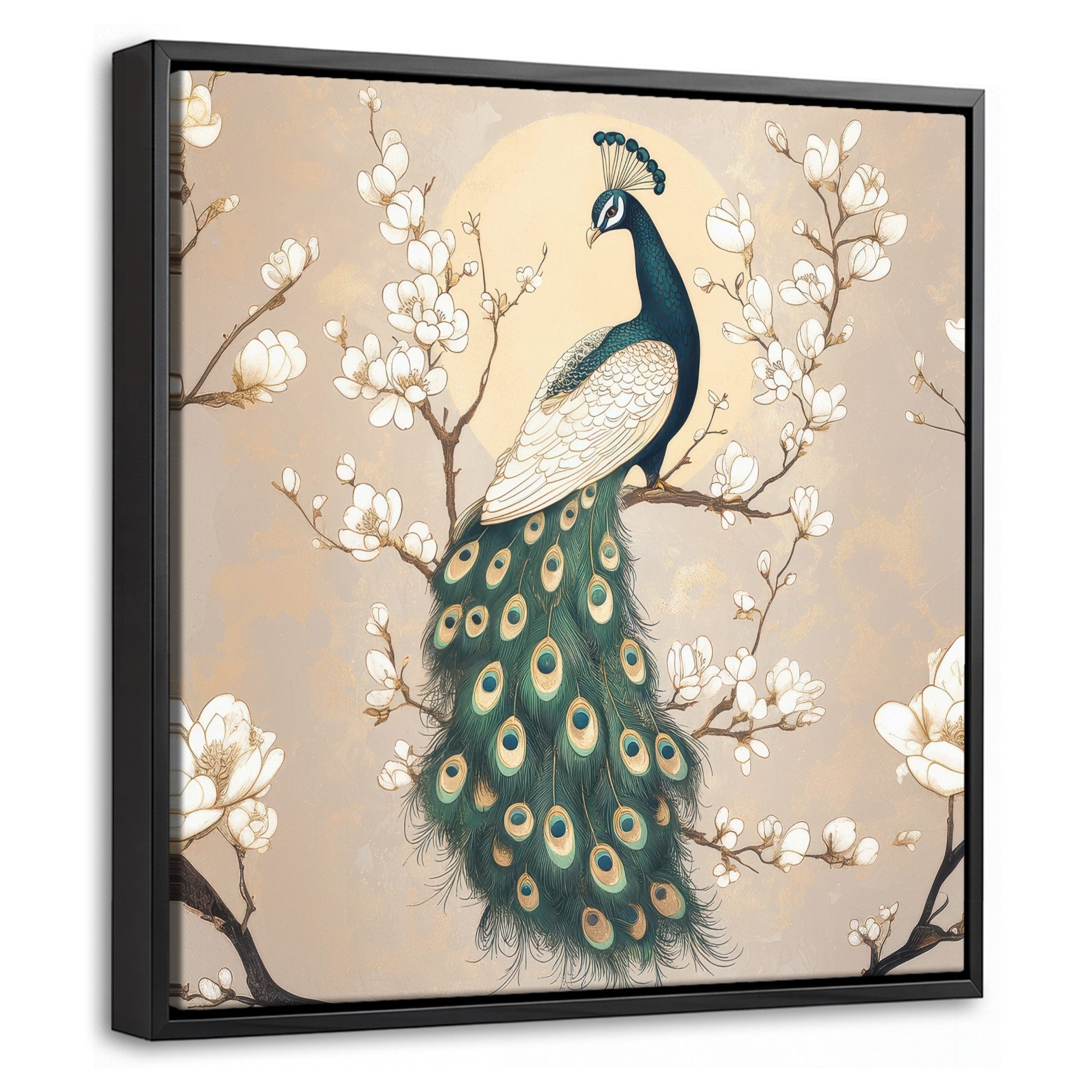 OneMillionCanvasses® Leinwandbild mit Rahmen - Pfau - Zweig - Blumen, Fotodruck (1 St), Leinwand Bilder Klein, Wand Dekoration Aesthetic 20x20cm