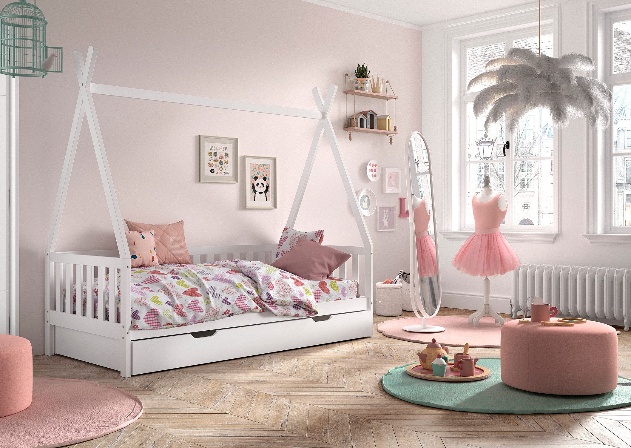 Vipack Massivholzbett mit Tipi Dach, seitlich und hinten mit Sprossenumrandung (Liegefläche 90/200 cm mit Rollattenrost und Bettschublade auf Rollen), Korpus aus massiver Kiefer, weiß lackiert