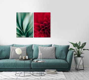 Sinus Art Leinwandbild 2 Bilder je 60x90cm Dahlie rote Blume grünes Blatt Harmonie Beruhigend Meditation Makrofotografie