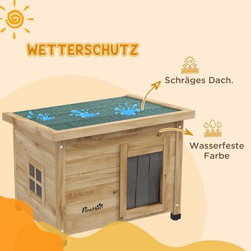 PawHut Tierhöhle Katzenhaus aus Holz, Katzenhütte Outdoor, Katzenhöhle mit Türvorhang, für Garten, Balkon, Gelb, 57 x 45 x 43 cm