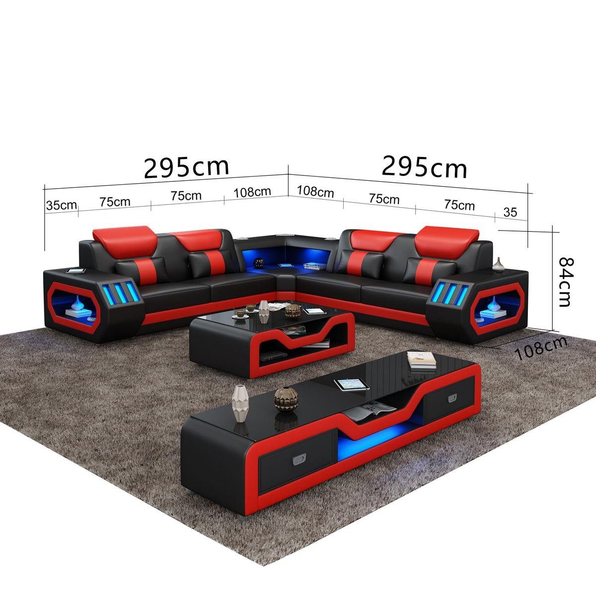 JVmoebel Wohnzimmer-Set, Ecksofa L Leder Blau Couch Form Design Polster Modern Couchtisch Sofa Schwarz/Rot