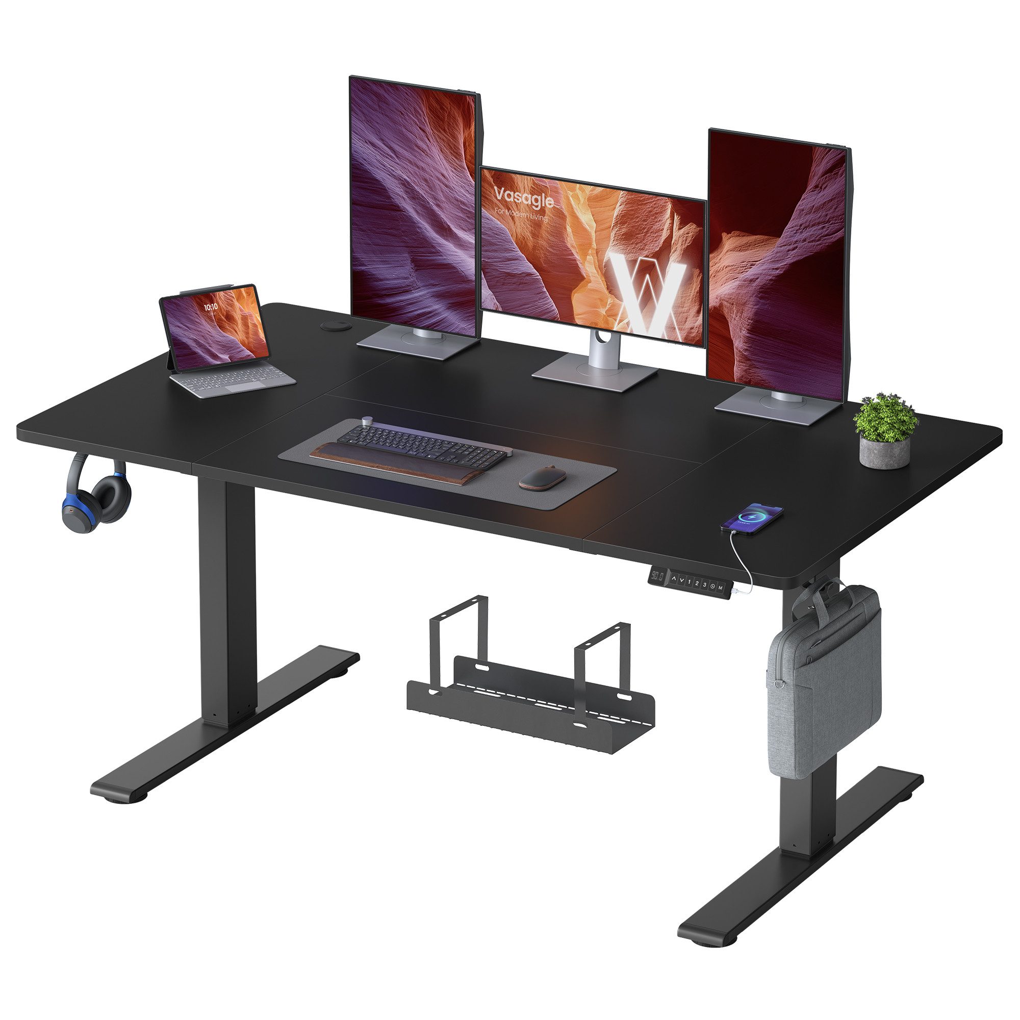 VASAGLE Schreibtisch Höhenverstellbarer, USB-C-Anschluss, Erinnerung bei langem Sitzen, Ablage für Steckdosenleiste, 3 Speichertasten, 120/140/160/180cm