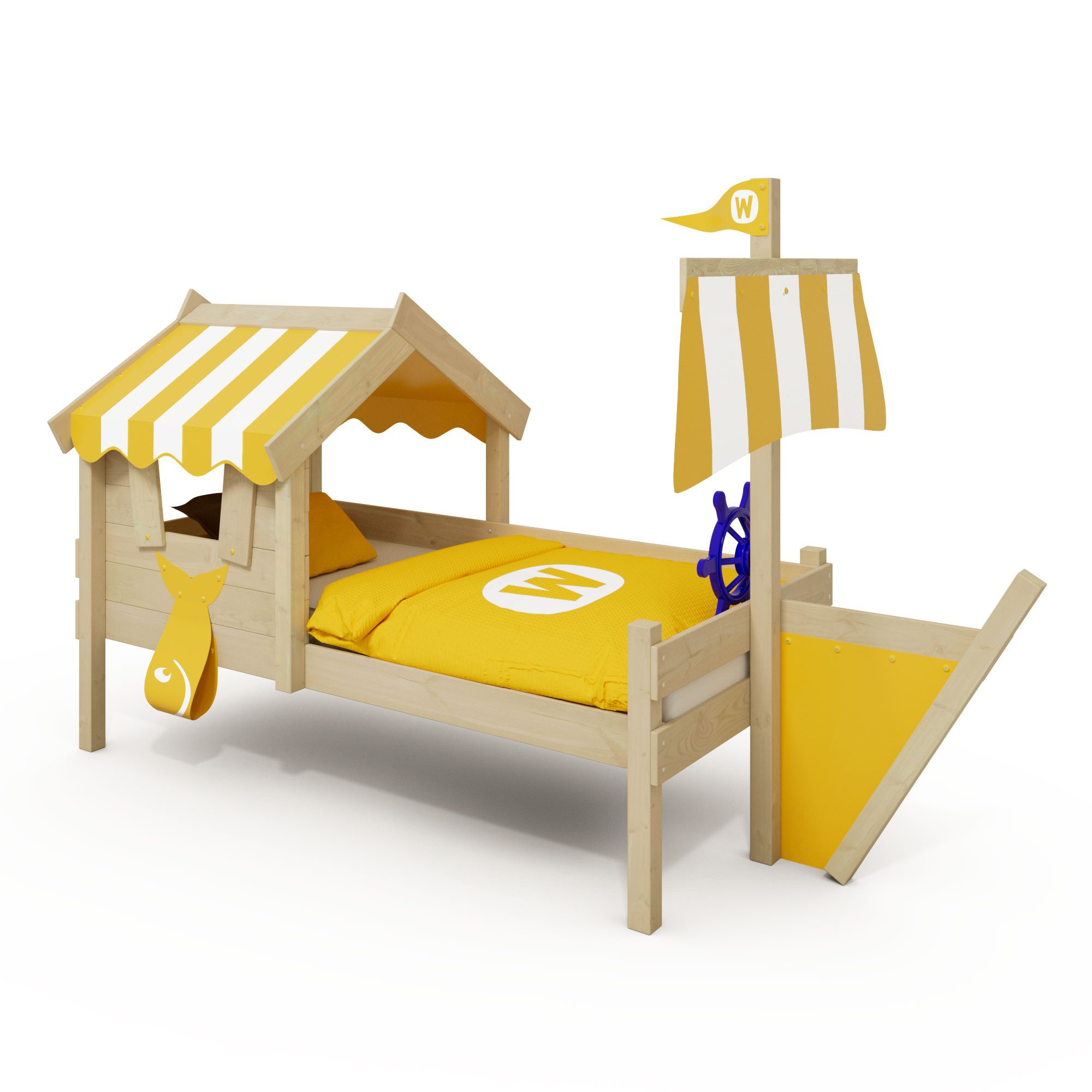 Wickey Kinderbett CrAzY Finny Abenteuerbett mit Schiffsanbau aus Massivholz (Set, Spielbett mit Schiffsthema), inklusive massiver 18 mm Lattenboden