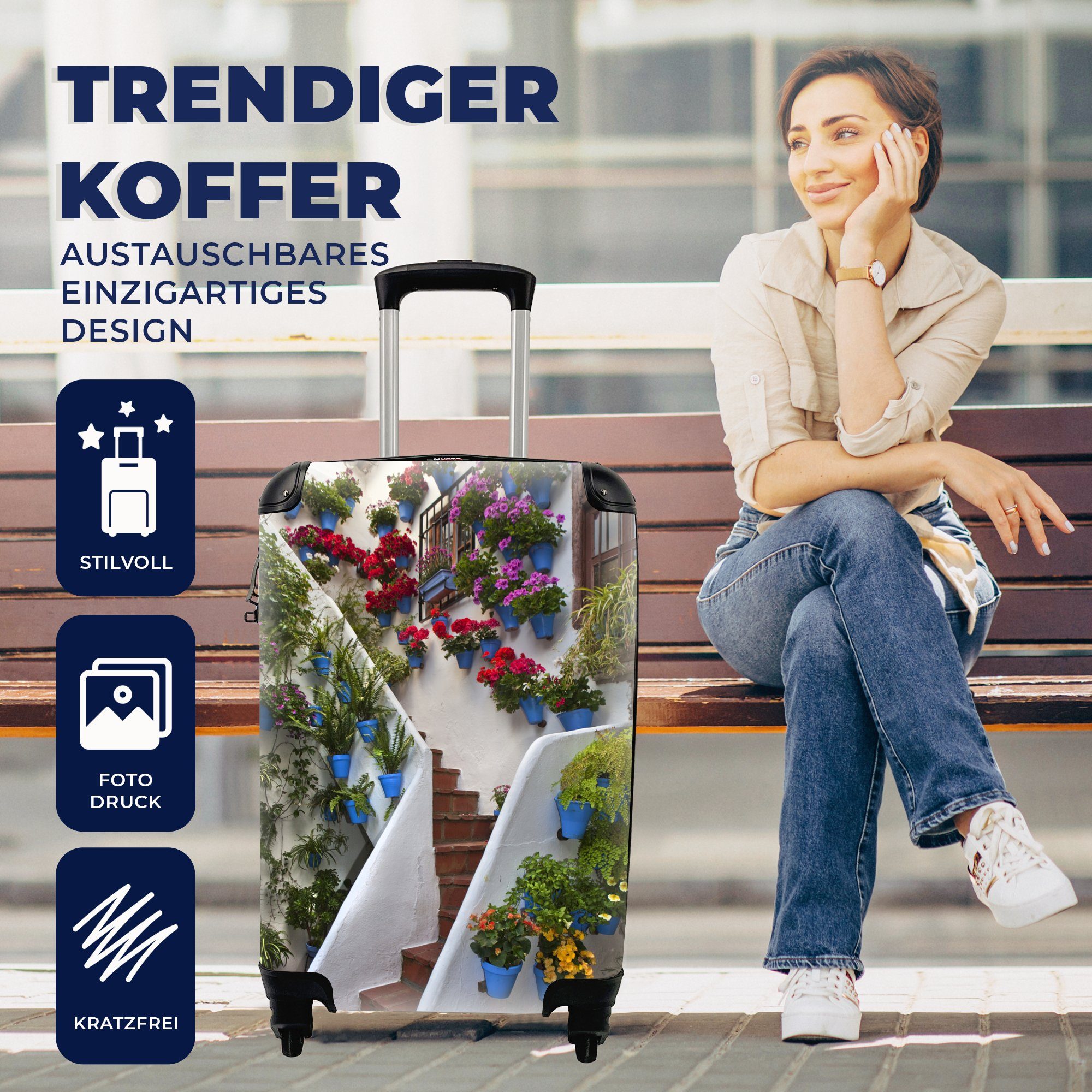 4 Handgepäckkoffer für MuchoWow Rollen, Handgepäck mit rollen, Blumen Cordoba, in Reisetasche Mit Ferien, Spanien, Treppe Reisekoffer Trolley, geschmückte