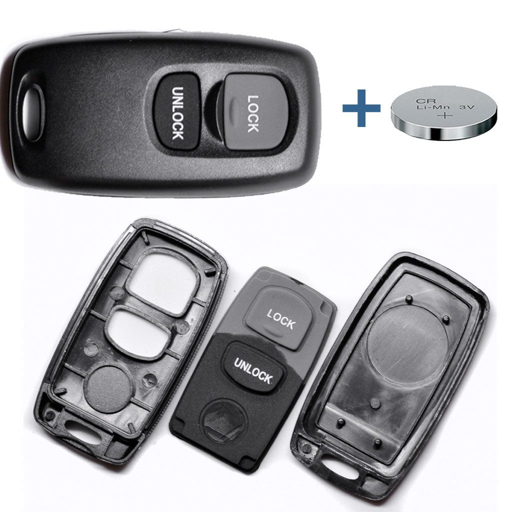 mt-key Auto Schlüssel Ersatz Gehäuse 2 Tasten + 1x passende CR2025 Knopfzelle, CR2025 (3 V), für Mazda Funk Fernbedienung