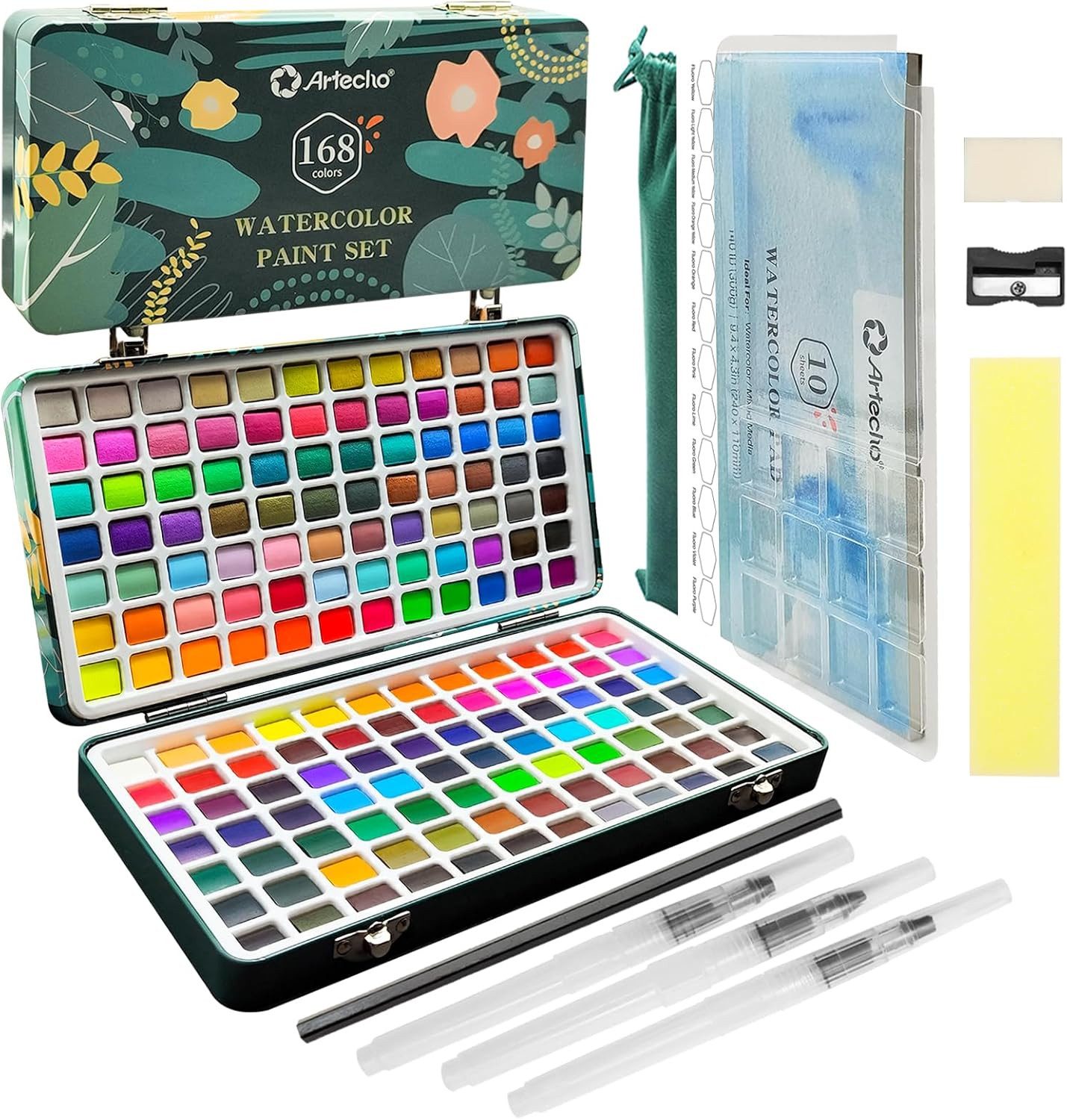 Artecho Aquarellfarbe Set – 24/50/100/128/168 Wasserfarben mit Aquarellpapieren & Pinseln, - egal ob unterwegs, Zuhause, in der Schule - für Anfänger und Profis