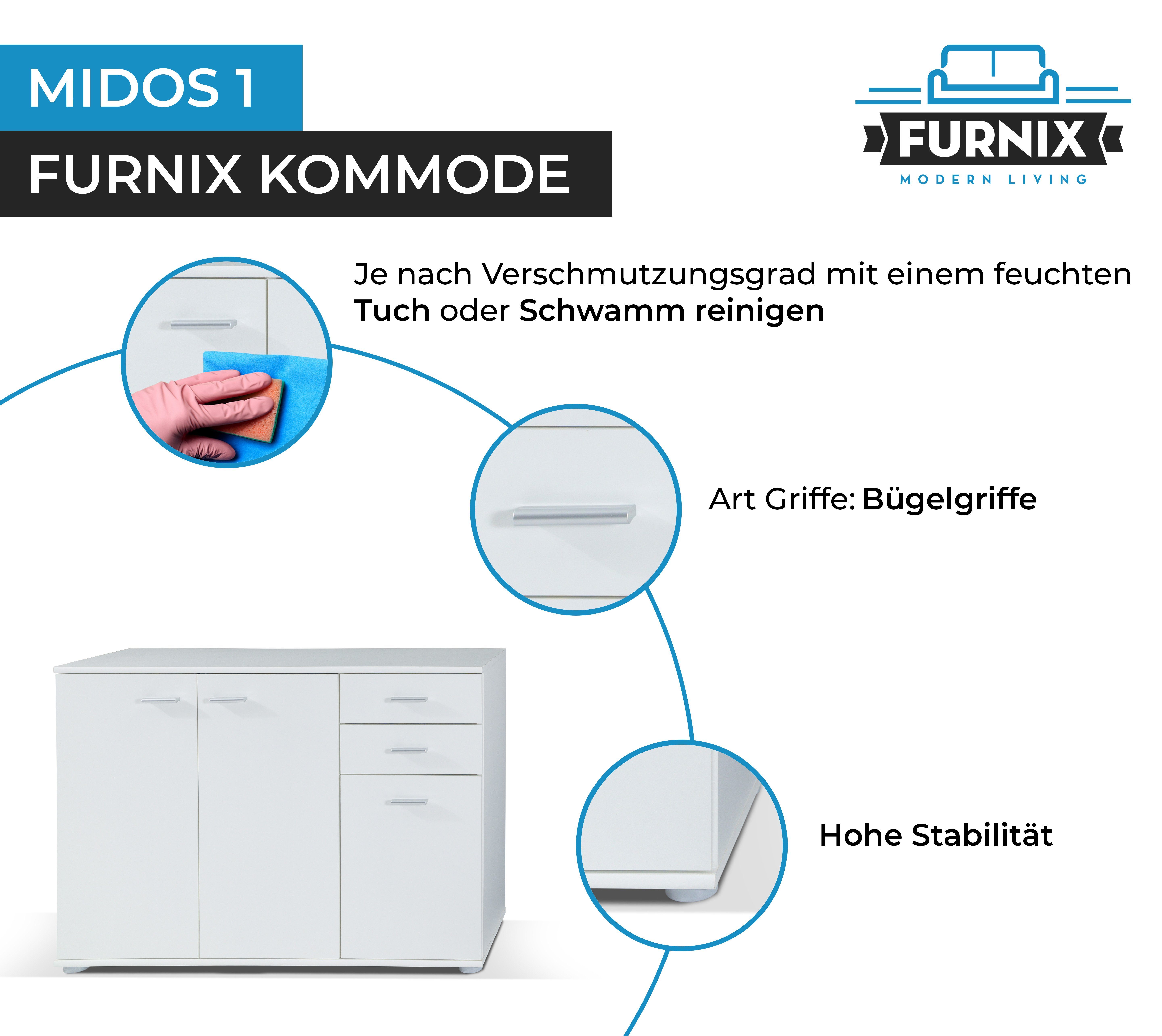 Furnix B106 Kommode Sideboard mit H75 2 Türen cm x Schubladen x T35 Midos, 3 und Weiß