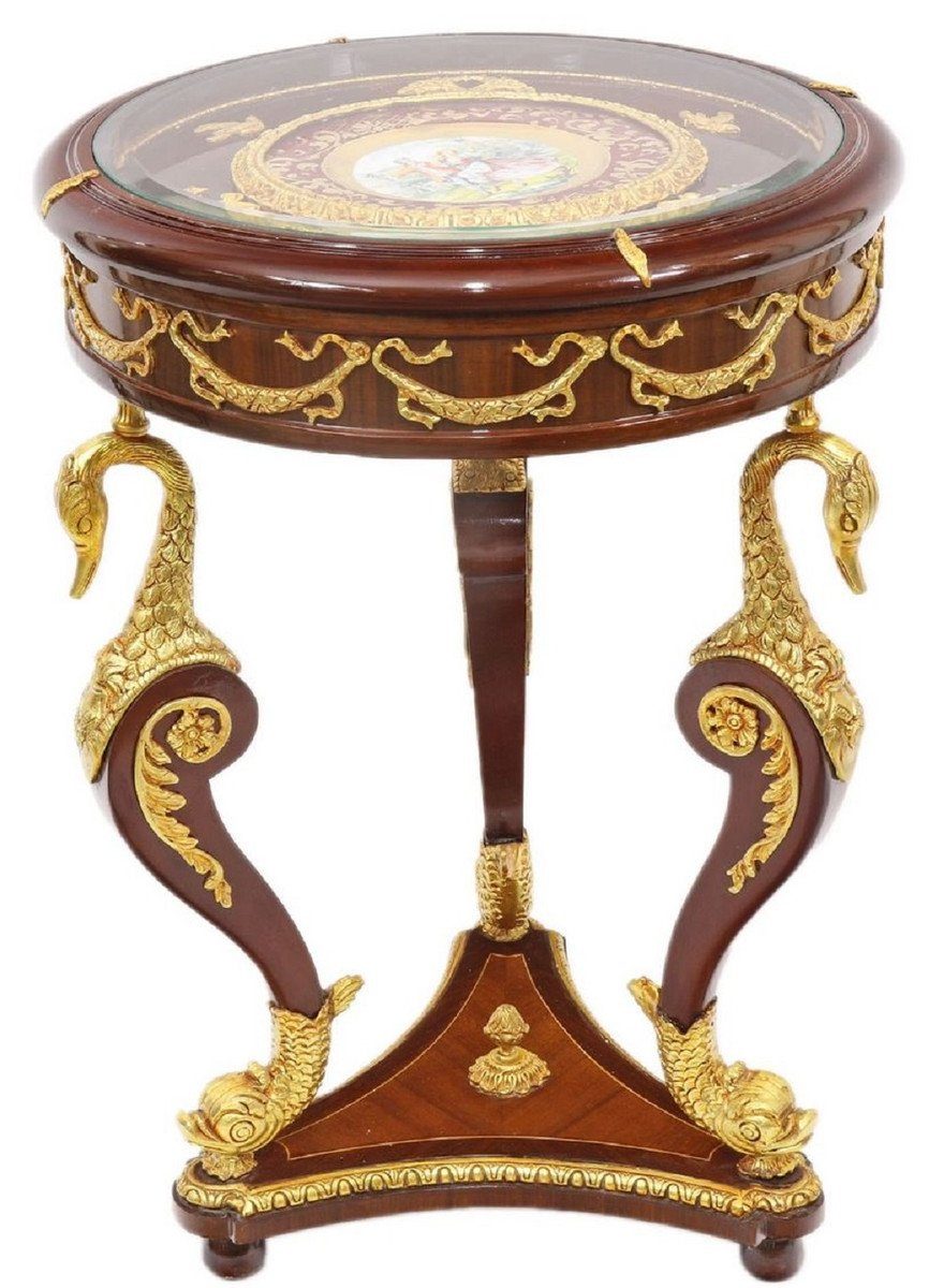 Casa Padrino Beistelltisch Barock Mahagoni Beistelltisch mit Glasplatte Braun / Gold Ø 55 x H. 78 cm - Prunkvoller runder handgefertigter und handbemalter Tisch mit wunderschönen Verzierungen