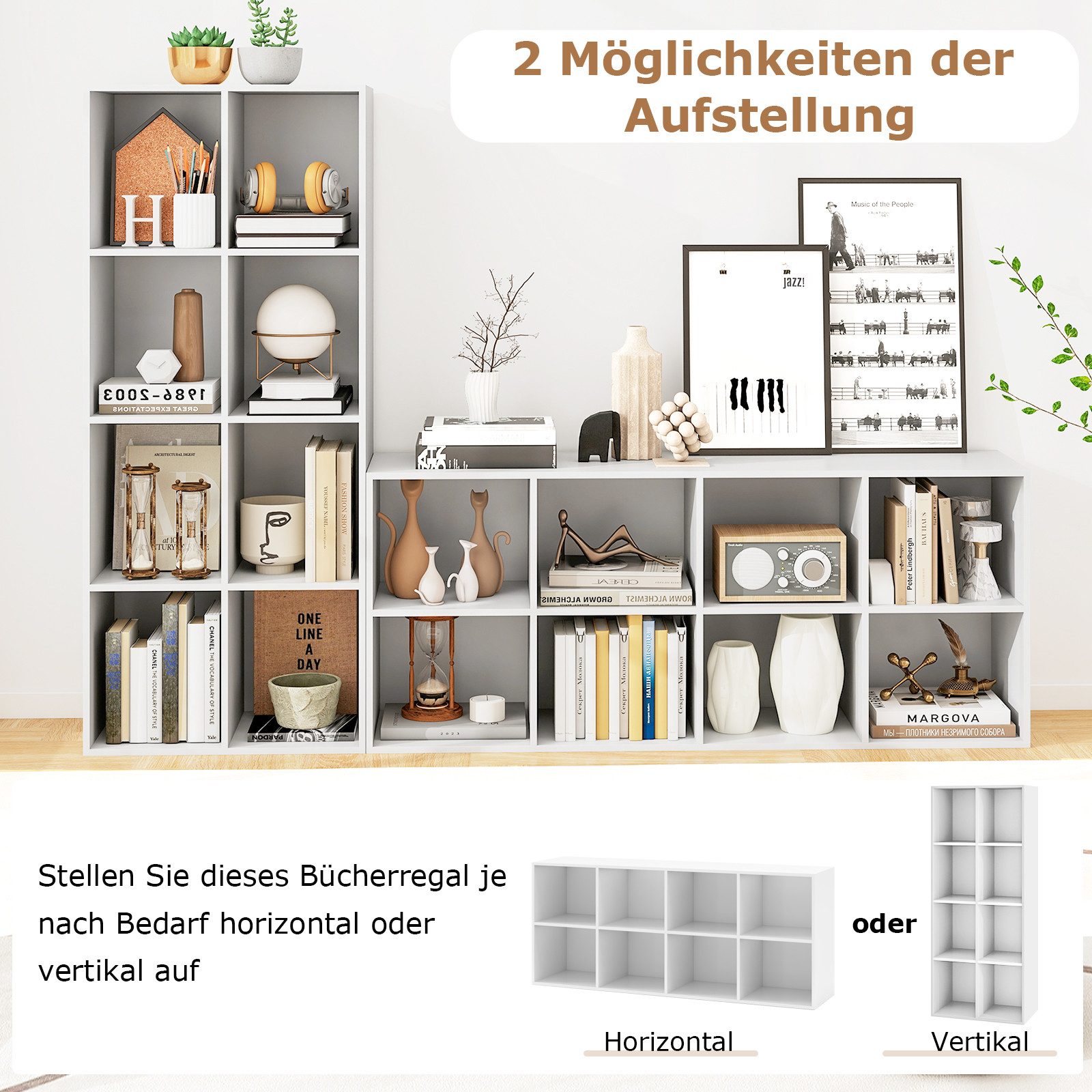 KOMFOTTEU Bücherregal, Würfelregal mit 8 Würfelfächern, 121,5 x 29 x 61 cm