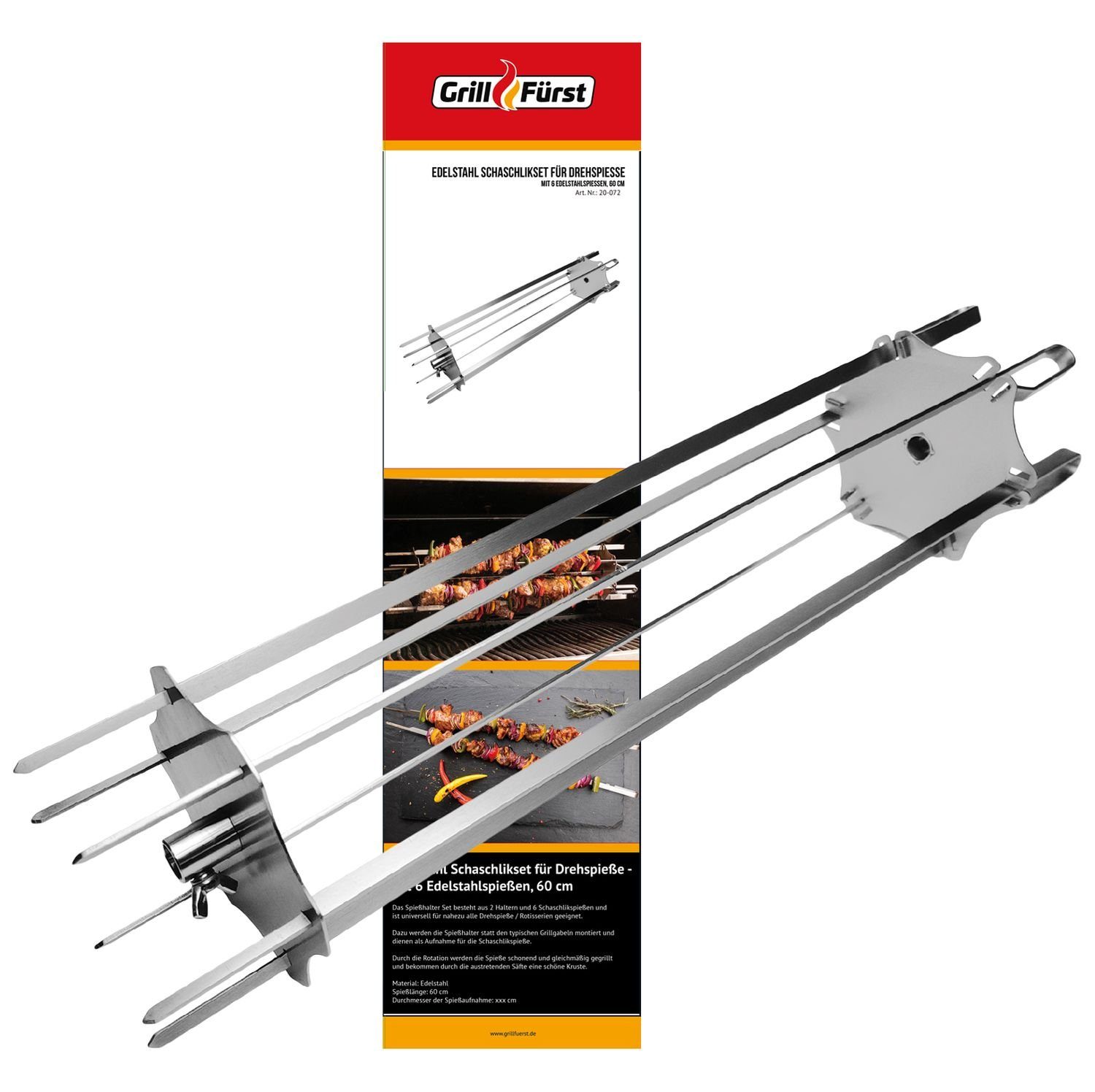 Drehkorb Grillfürst Edelstahl Schaschlikset für Drehspieße - mit 6 Spießen, 60 cm