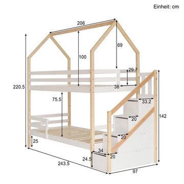 SOFTWEARY Etagenbett mit 2 Schlafgelegenheiten, Rollrost und Treppe (90x200 cm), Hausbett inkl. Rausfallschutz, Kinderbett, Kiefer