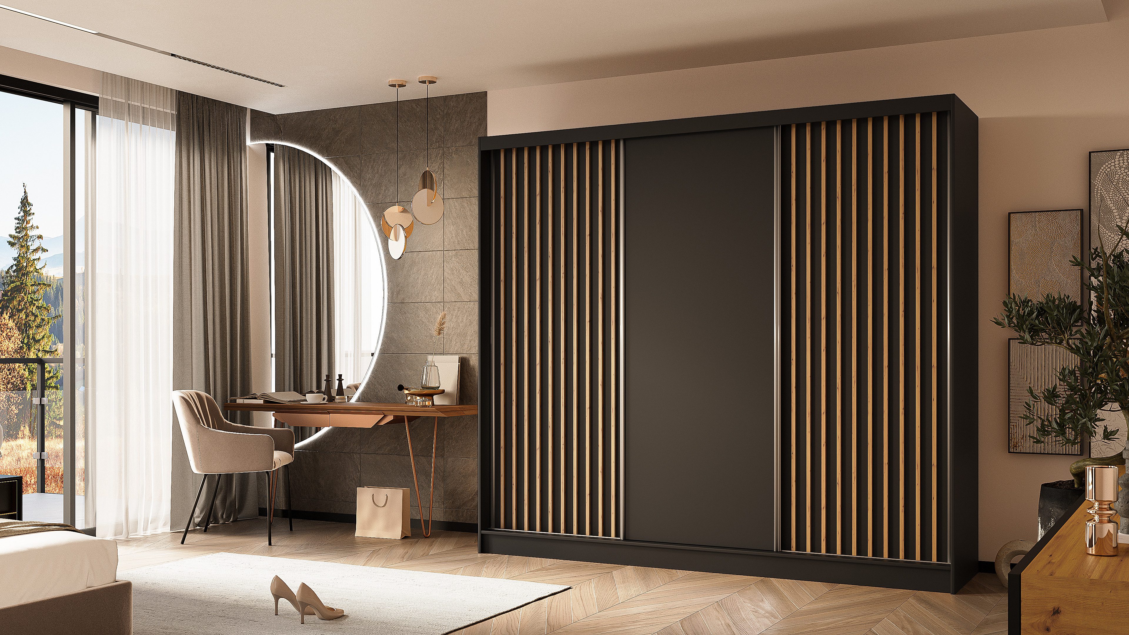 ALTDECOR Schiebetürenschrank LABELLO (Kleiderschrank Garderobenschrank mit viel Stauraum Moderner Schrank) Vielseitiger Schwebetürenschrank Lamellen LED Beleuchtung
