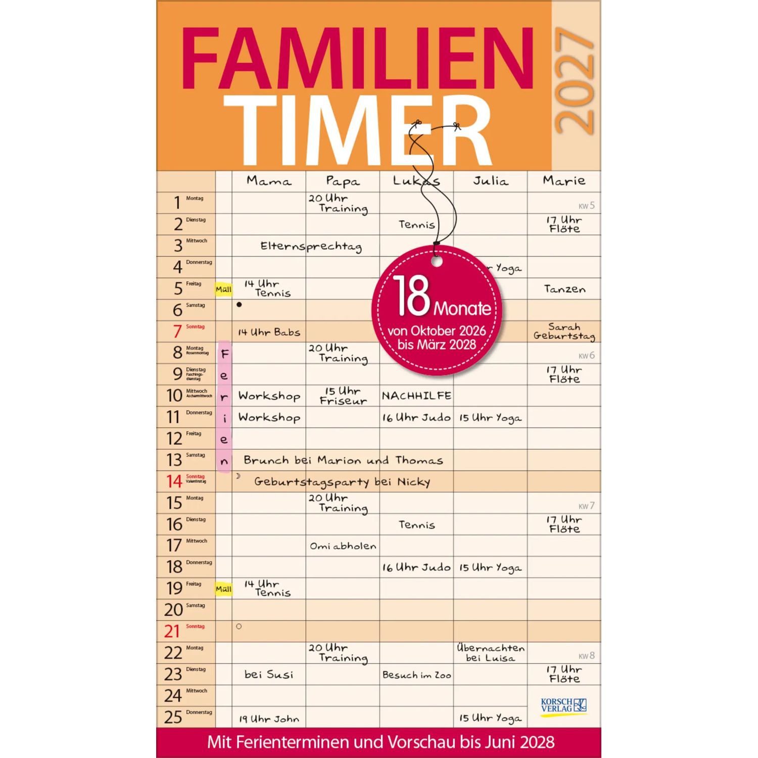 Korsch Verlag Wandkalender Familientimer 18 Monate 2027/2028