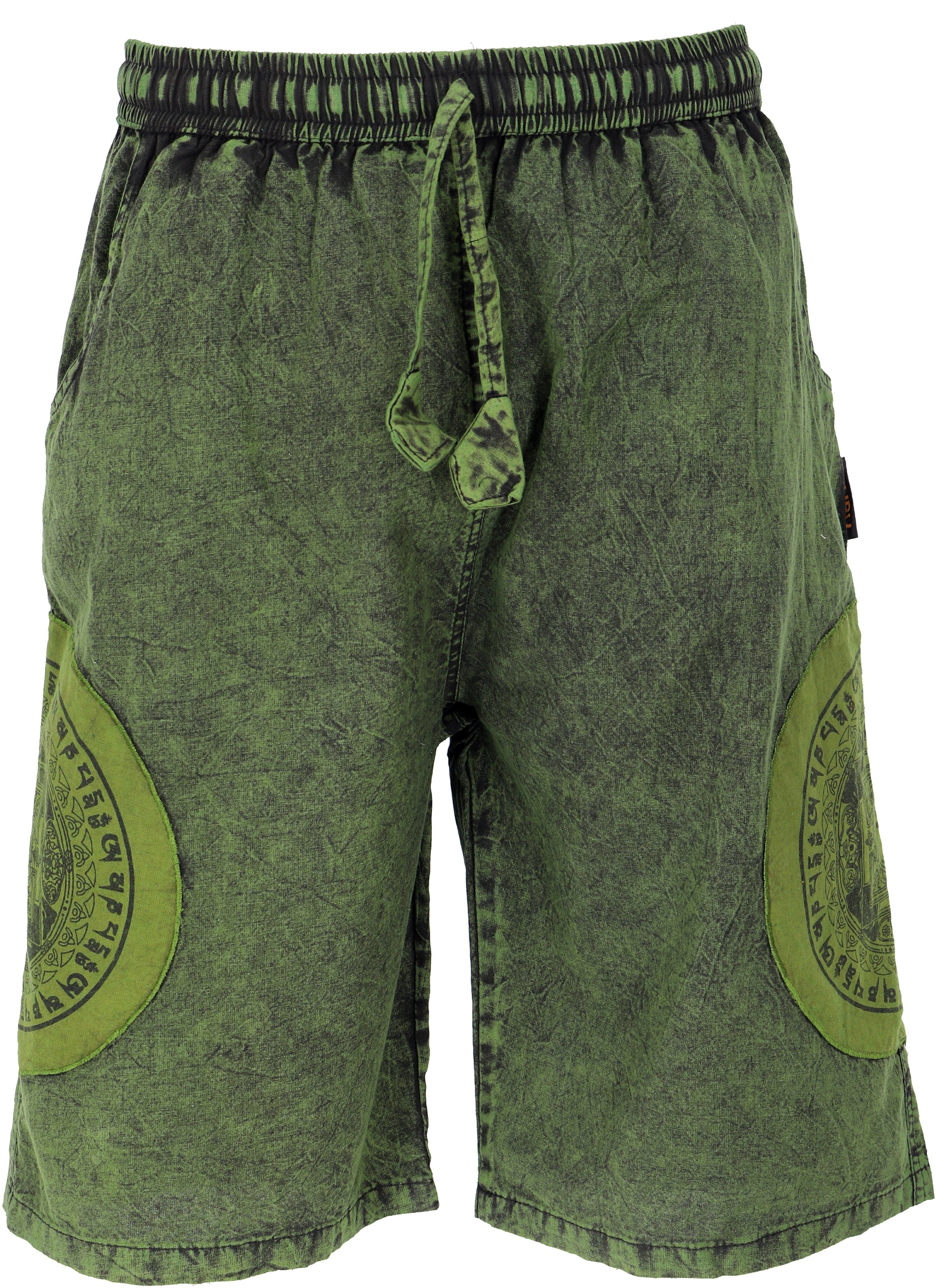 Guru-Shop Relaxhose Ethno Yogashorts, Stonwasch Patchwork Shorts.. Hippie, Ethno Style, alternative Bekleidung grün