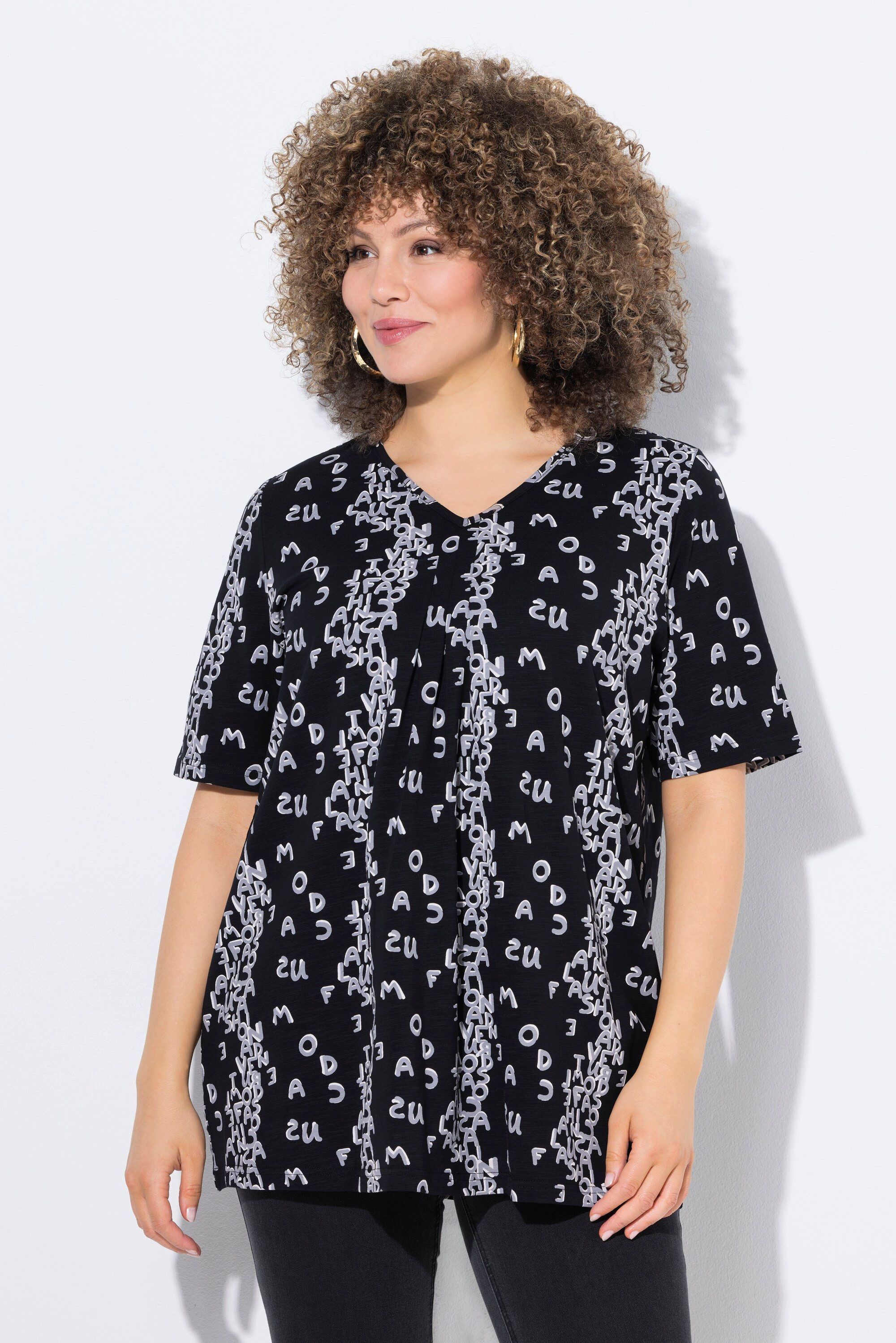 Ulla Popken Longsleeve T-Shirt Buchstaben A-Linie V-Ausschnitt Halbarm günstig online kaufen