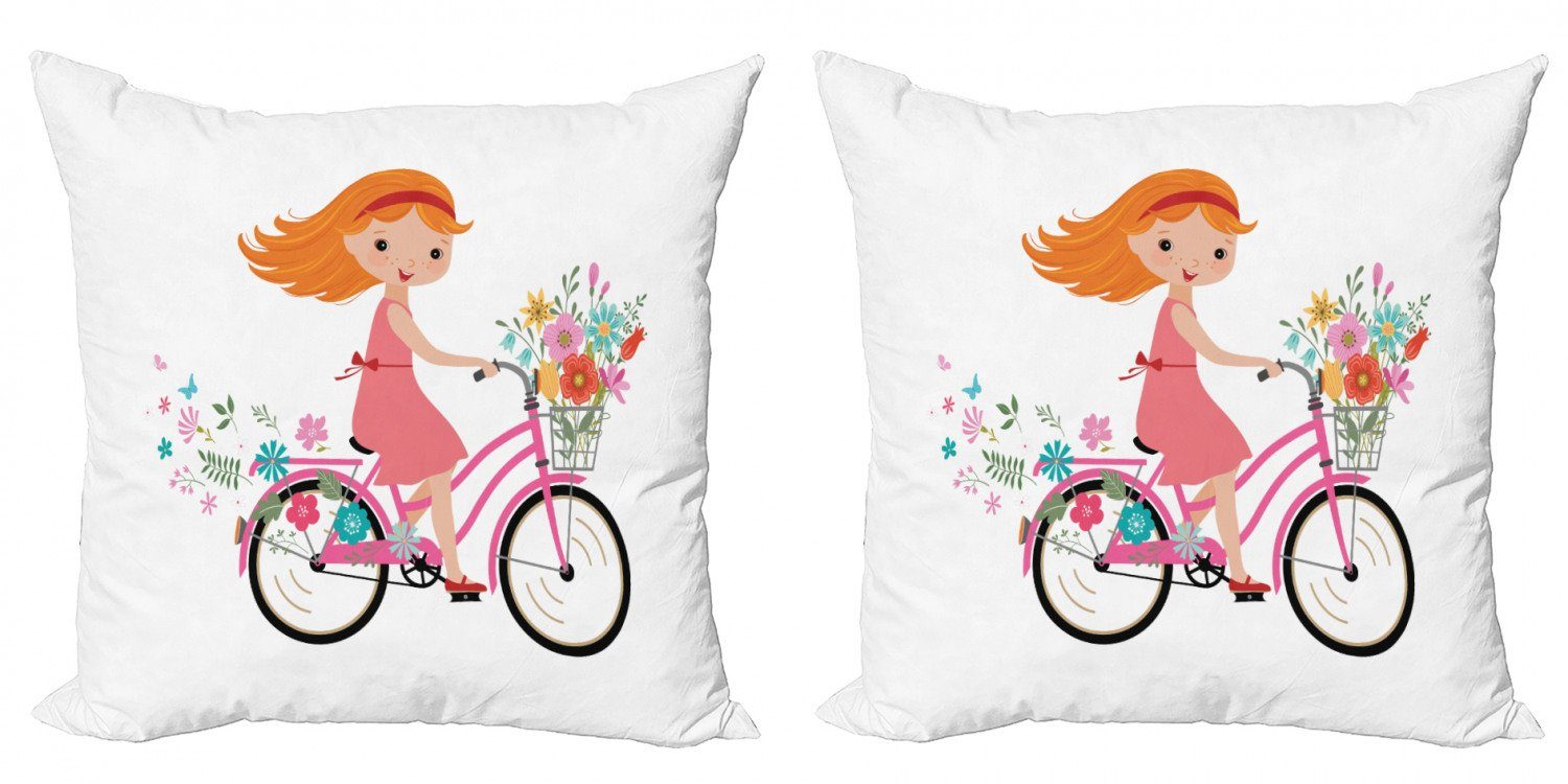 Kissenbezüge Modern Accent Doppelseitiger Digitaldruck, Abakuhaus (2 Stück), Blume Glückliches Mädchen auf Fahrrad-Blumen