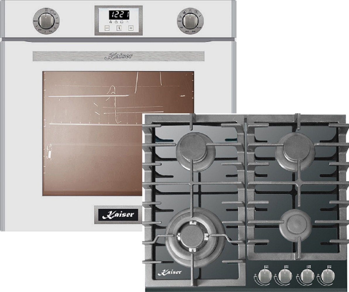 Kaiser Küchengeräte Gasherd-Set EG 6374 W + KCG 6383/3, mit 1-fach-Teleskopauszug, Einbau-Backofen 60cm in Weiß/Gas Backofen+Gas-Kochfeld 60 cm