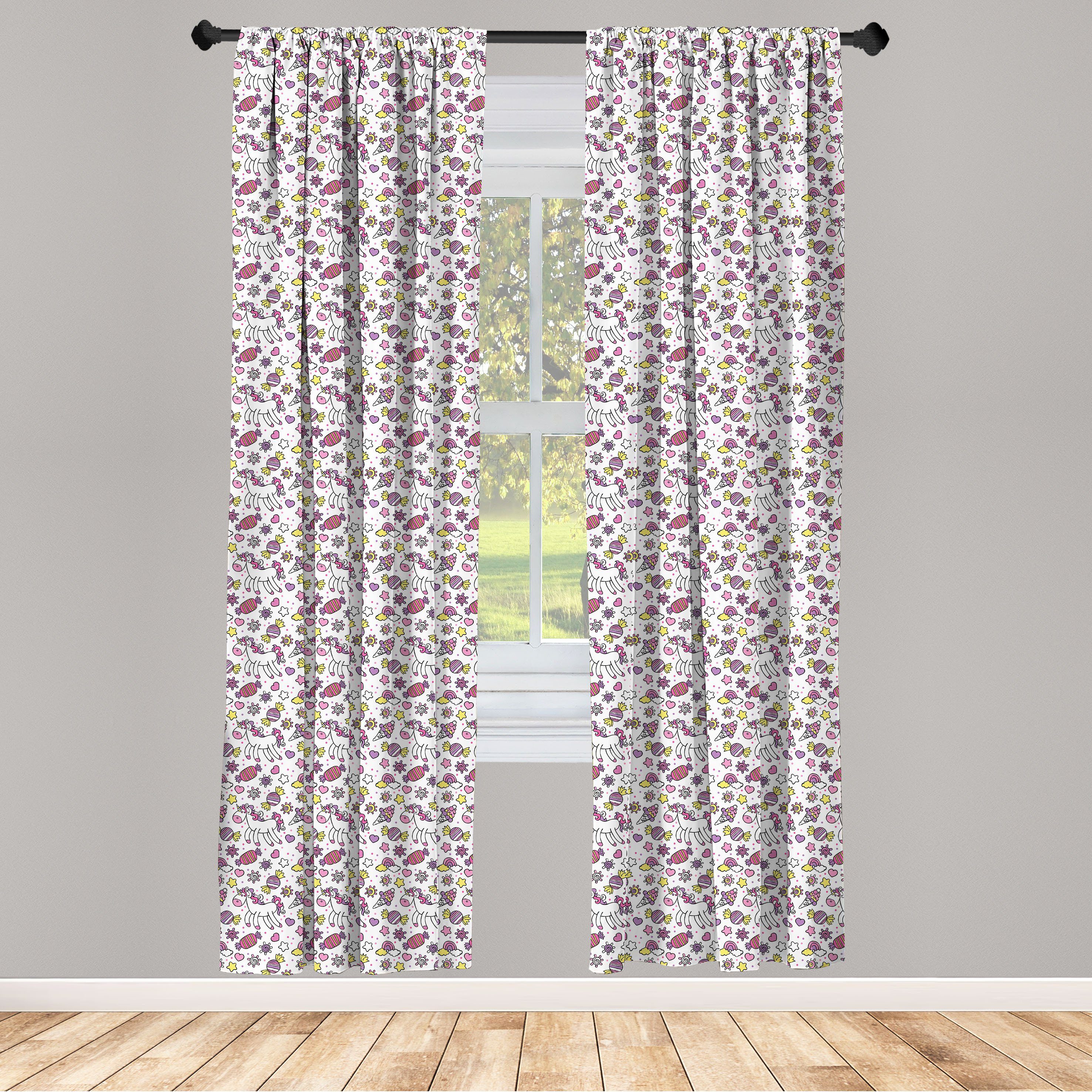 Gardine Vorhang für Wohnzimmer Schlafzimmer Dekor, Abakuhaus, Microfaser, Einhorn Unicorn Süßigkeiten Sterne