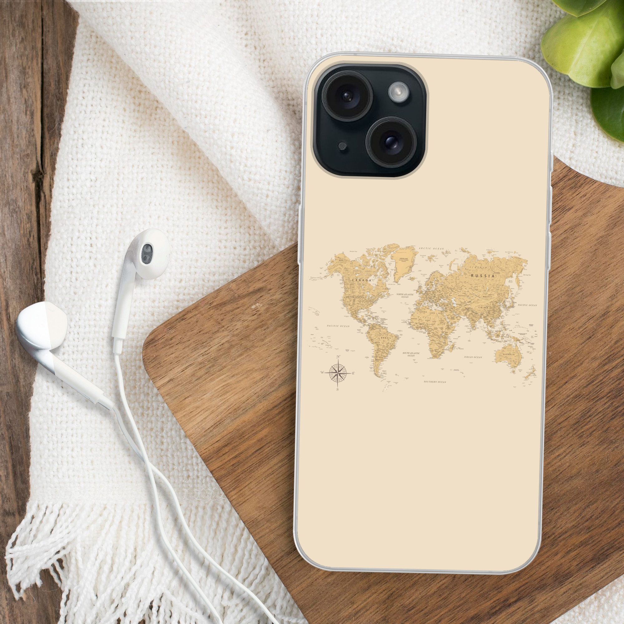 MuchoWow Handyhülle für Apple iPhone 15 Weltkarte - Realistisch - Beige, Smartphone-Bumper, Print, Handy Schutzhülle Dünn