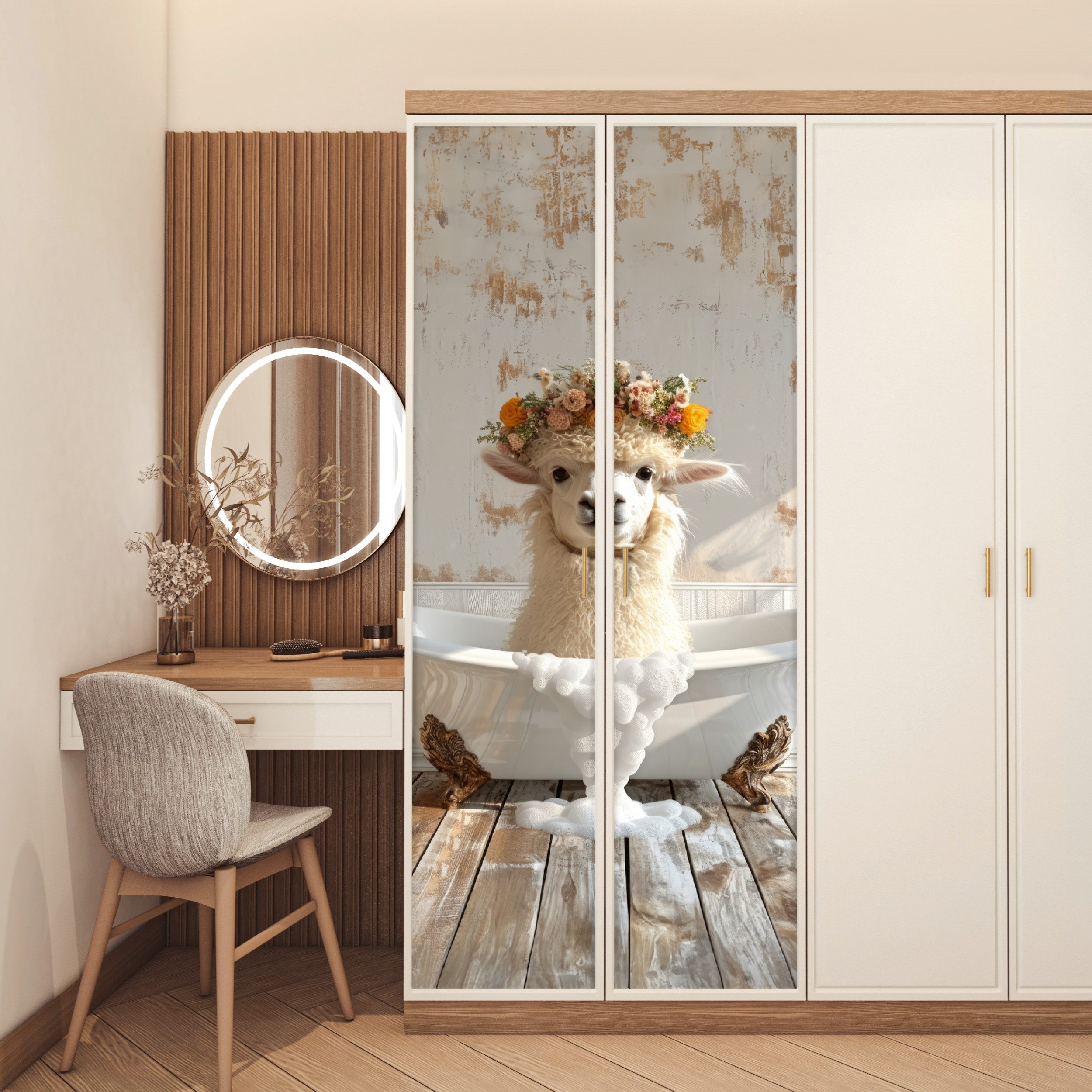 MuchoWow Türtapete Vintage - Alpaka - Badewanne - Blumen - Tiere, Matt, bedruckt, (1 St), Selbstklebende Tapete, Folie für Möbel, 75x205 cm