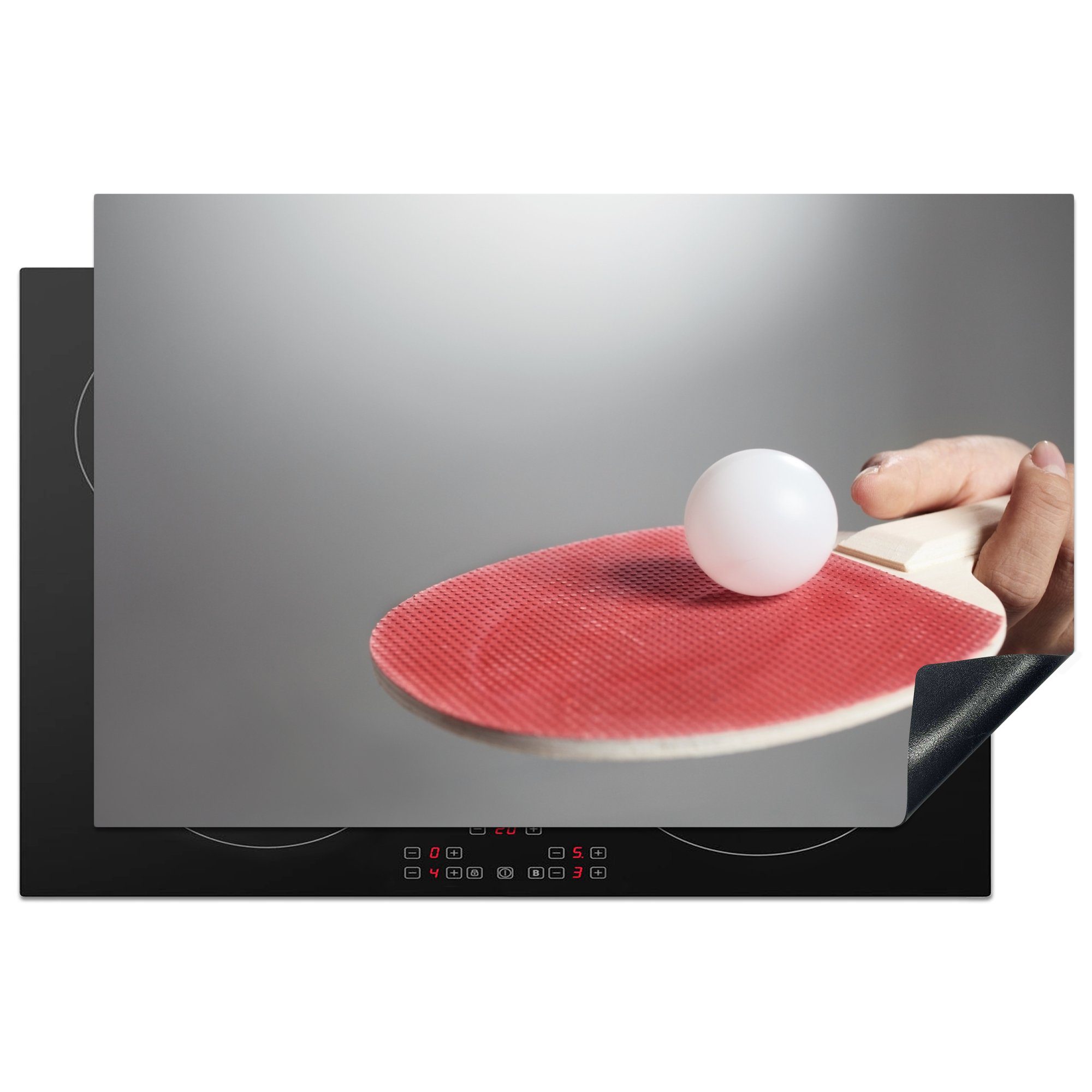 MuchoWow Herdblende-/Abdeckplatte Hand mit Tischtennisschläger cm, für Ceranfeldabdeckung Induktionskochfeld küche, 81x52 Vinyl, grauem tlg), auf Schutz (1 Hintergrund, und Ball die