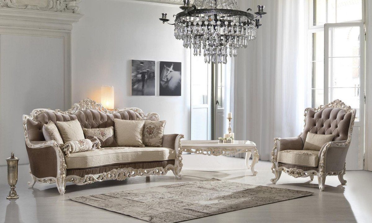 Sofa Casa - Sofa x Wohnzimmer Braun dekorativen Möbel cm Kissen / Luxus 120 / mit Gold x Padrino 240 Barock Edle H. 90 Barock Weiß / Beige Wohnzimmer