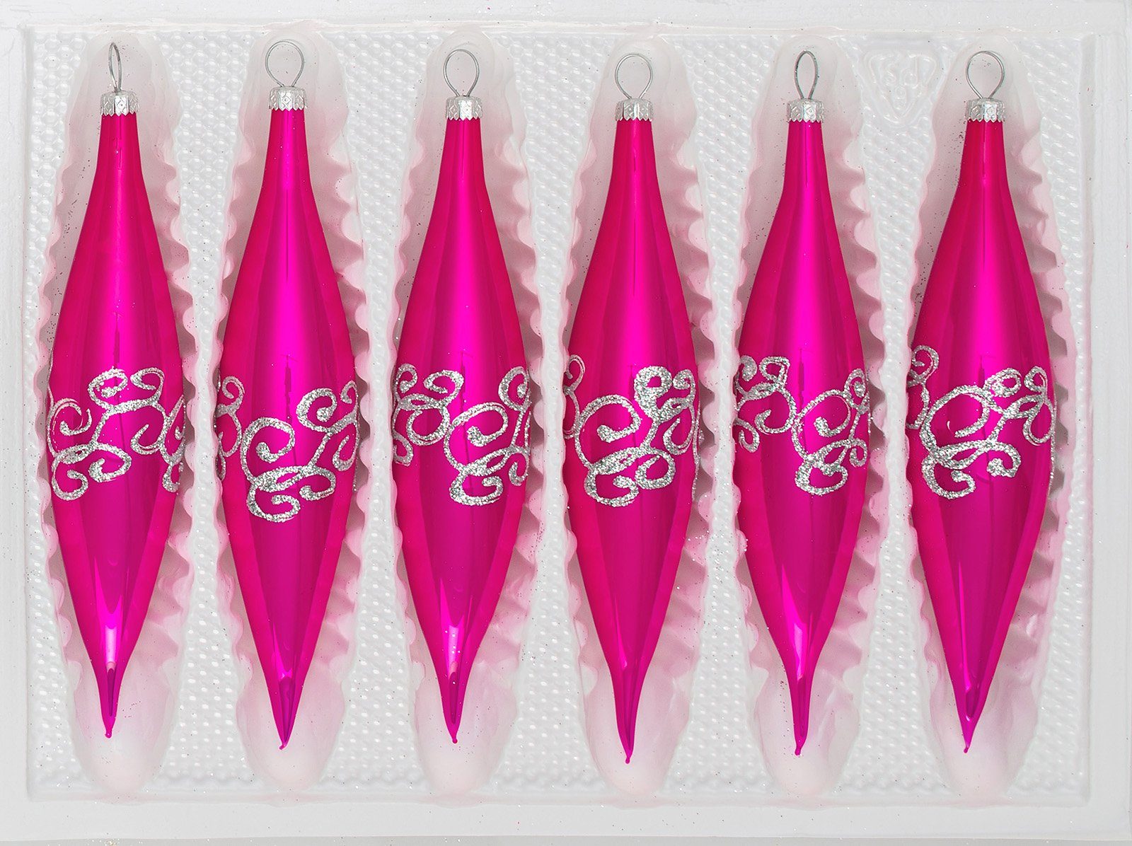 Christbaumschmuck 6 tlg. Glas-Zapfen Set in Hochglanz-Pink-Silberne-Ornamente