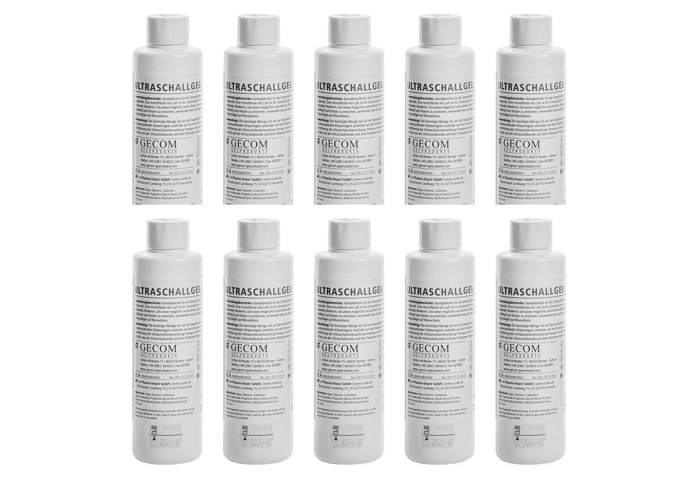Gecom Gleitgel 10 x Ultraschallgel 250 ml Gel für Doppler und IPL, 10-tlg.