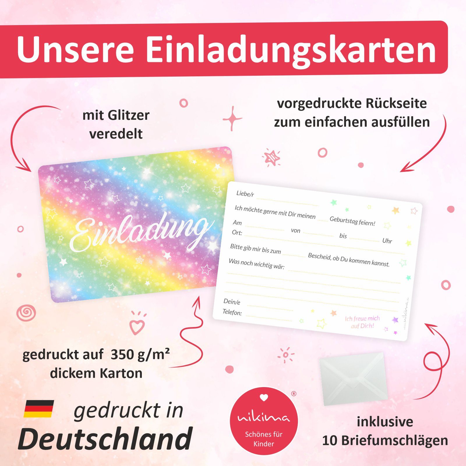 nikima Einladungskarten 10 Einladungskarten Regenbogen inkl. Umschlag